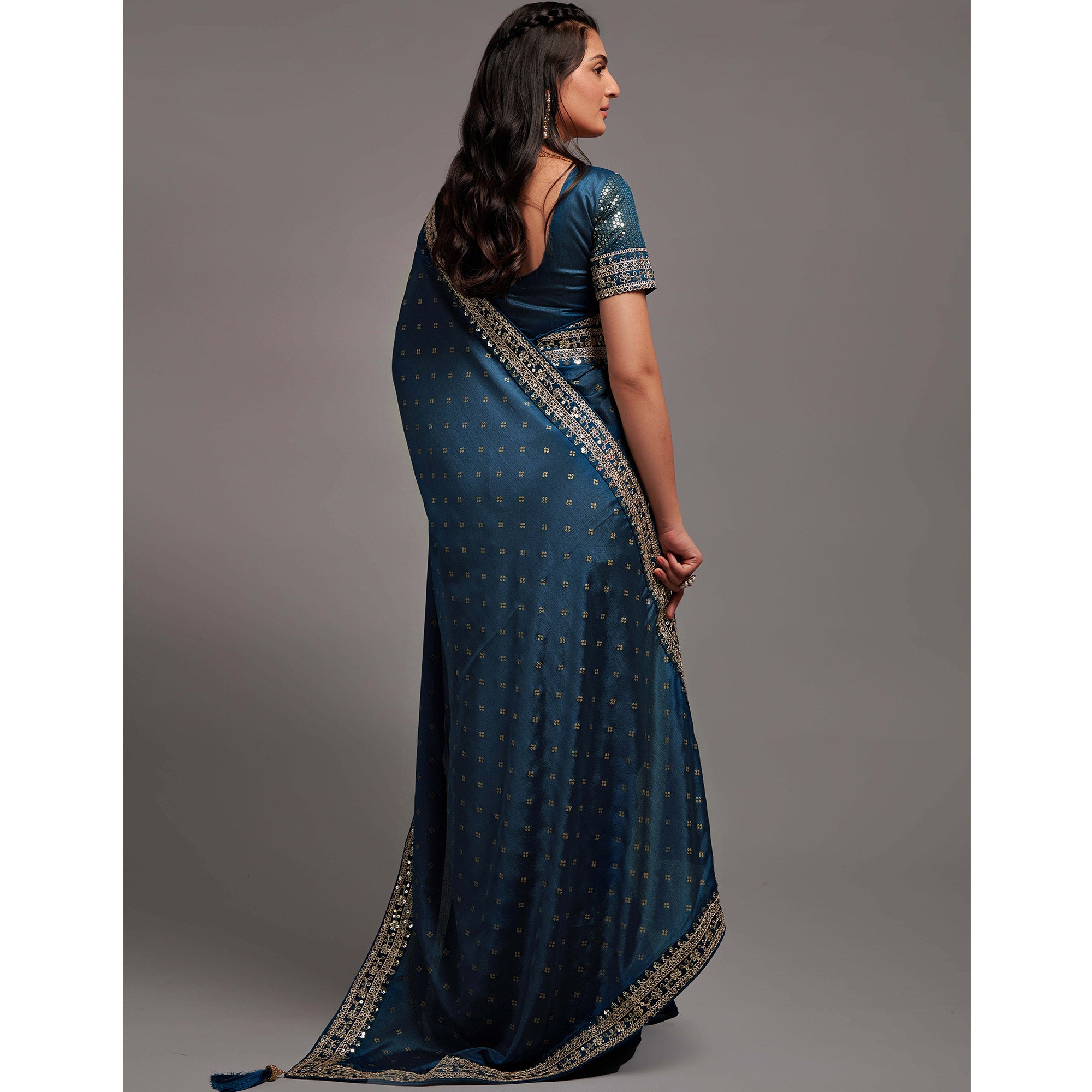 Blue Sequins Embroidered Border Chinon Saree