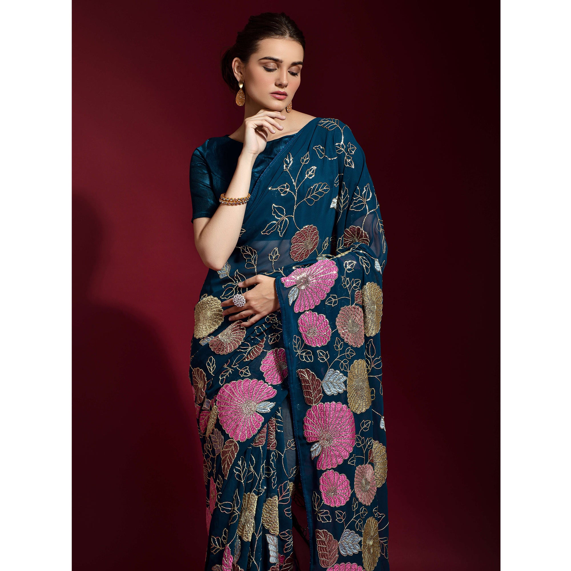 Blue Floral Sequins Embroidered Georgette Saree