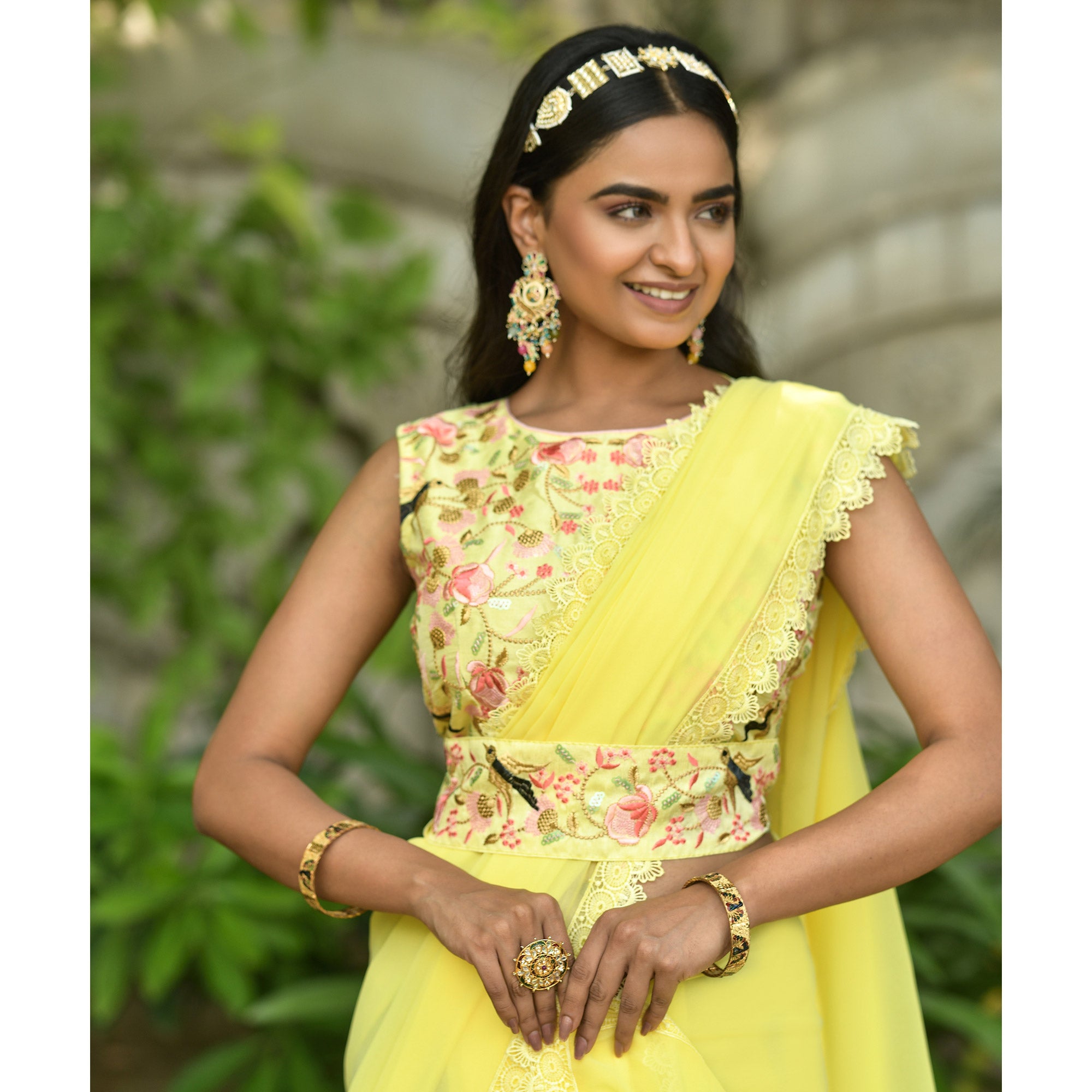 Yellow Solid Georgette Saree With Embroidered Blouse Piece