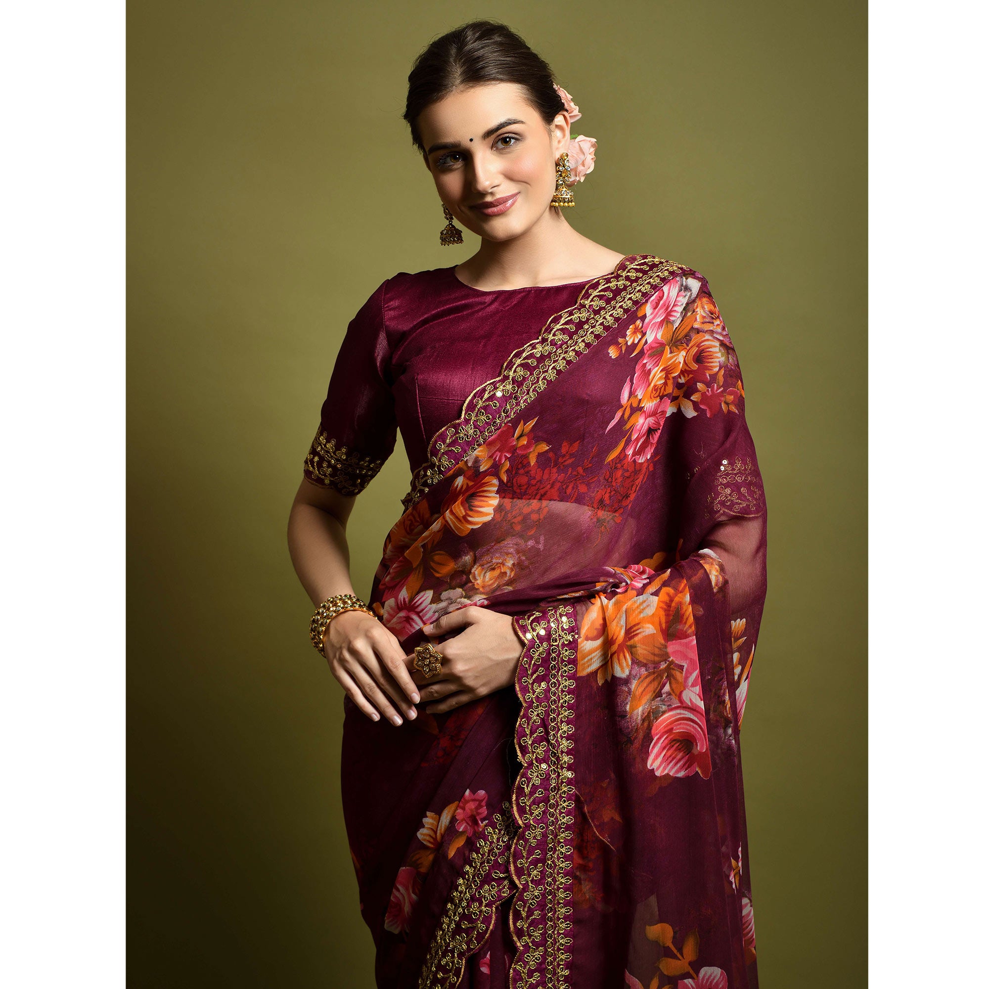 Wine Floral Printed Georgette Saree With Embroidered Border