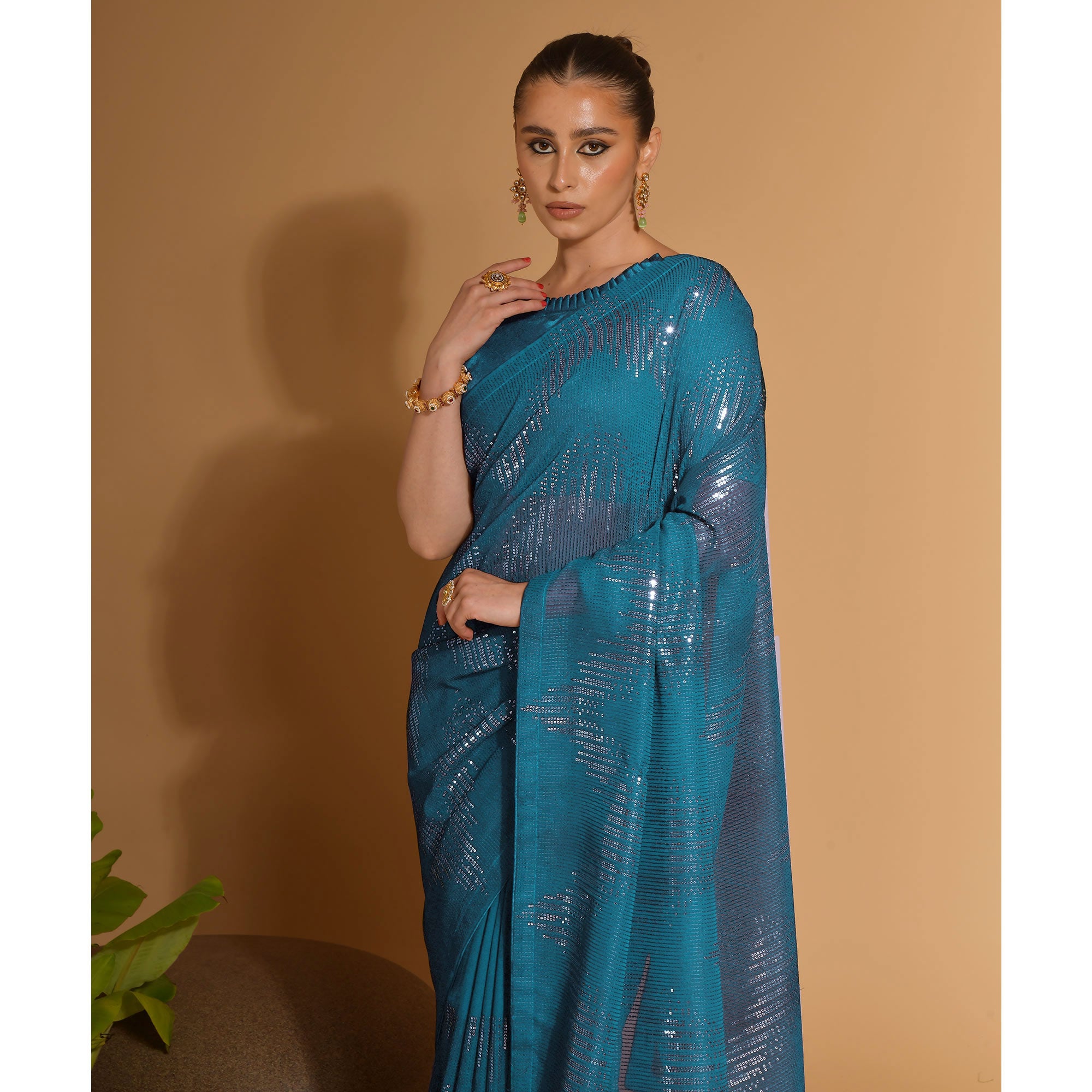 Blue Sequins Embroidered Georgette Saree