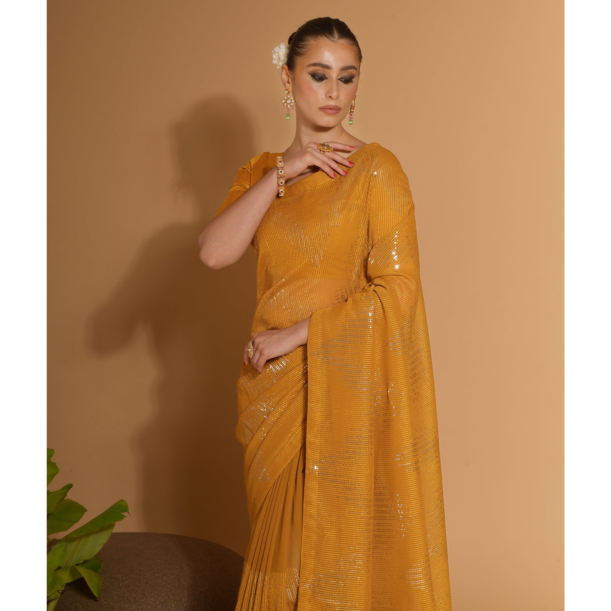 Mustard Sequins Embroidered Georgette Saree