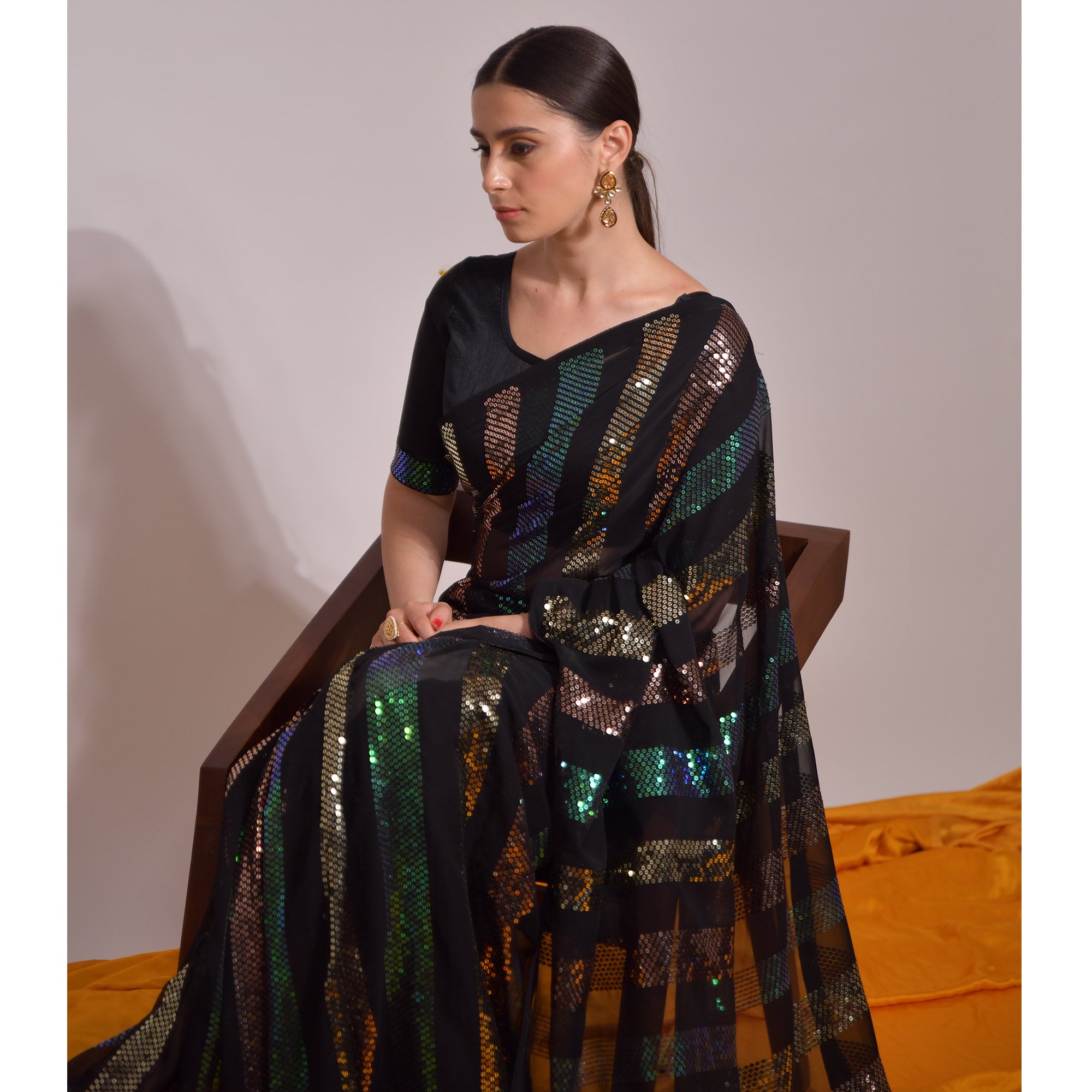 Black Sequins Embroidered Georgette Saree