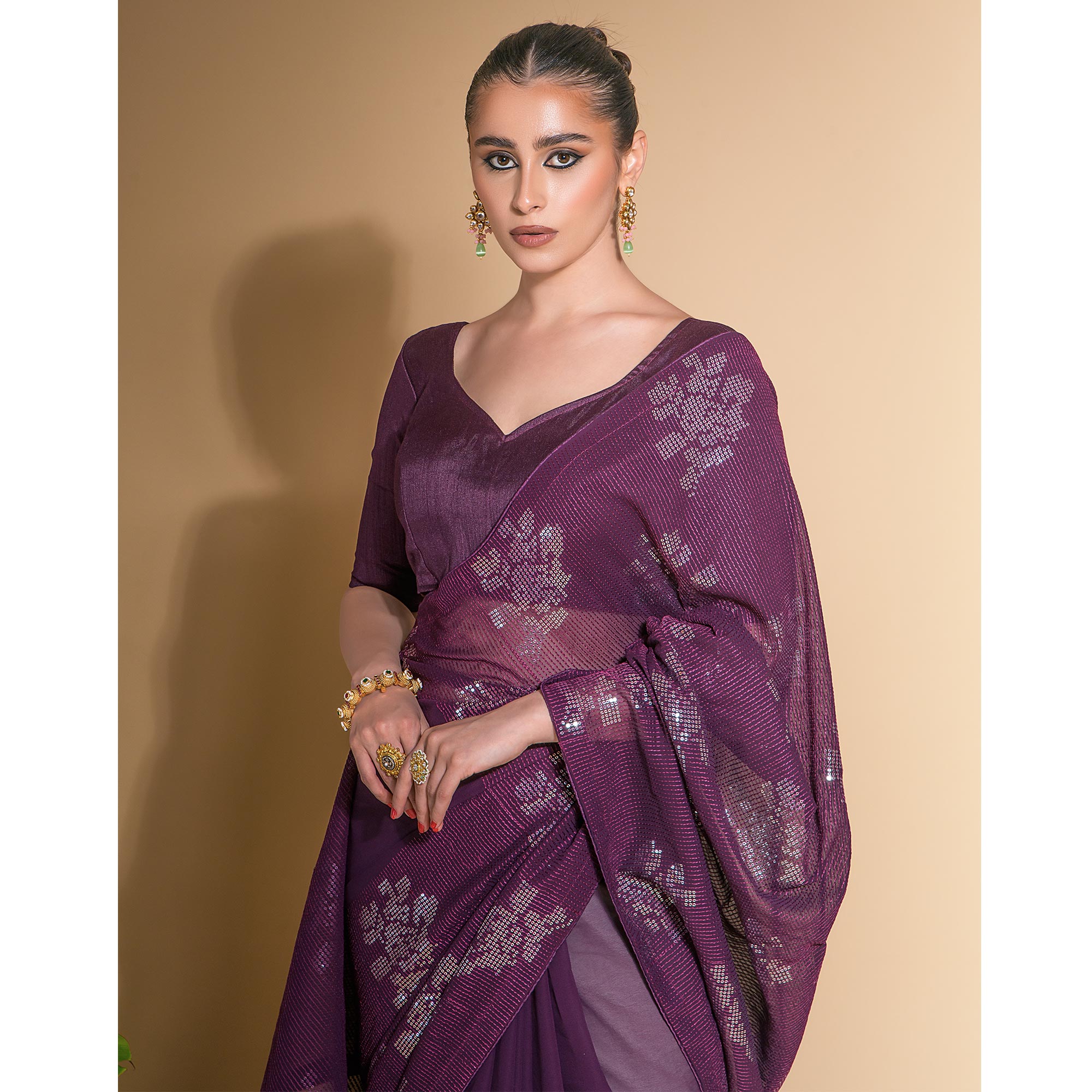 Wine Sequins Embroidered Georgette Saree