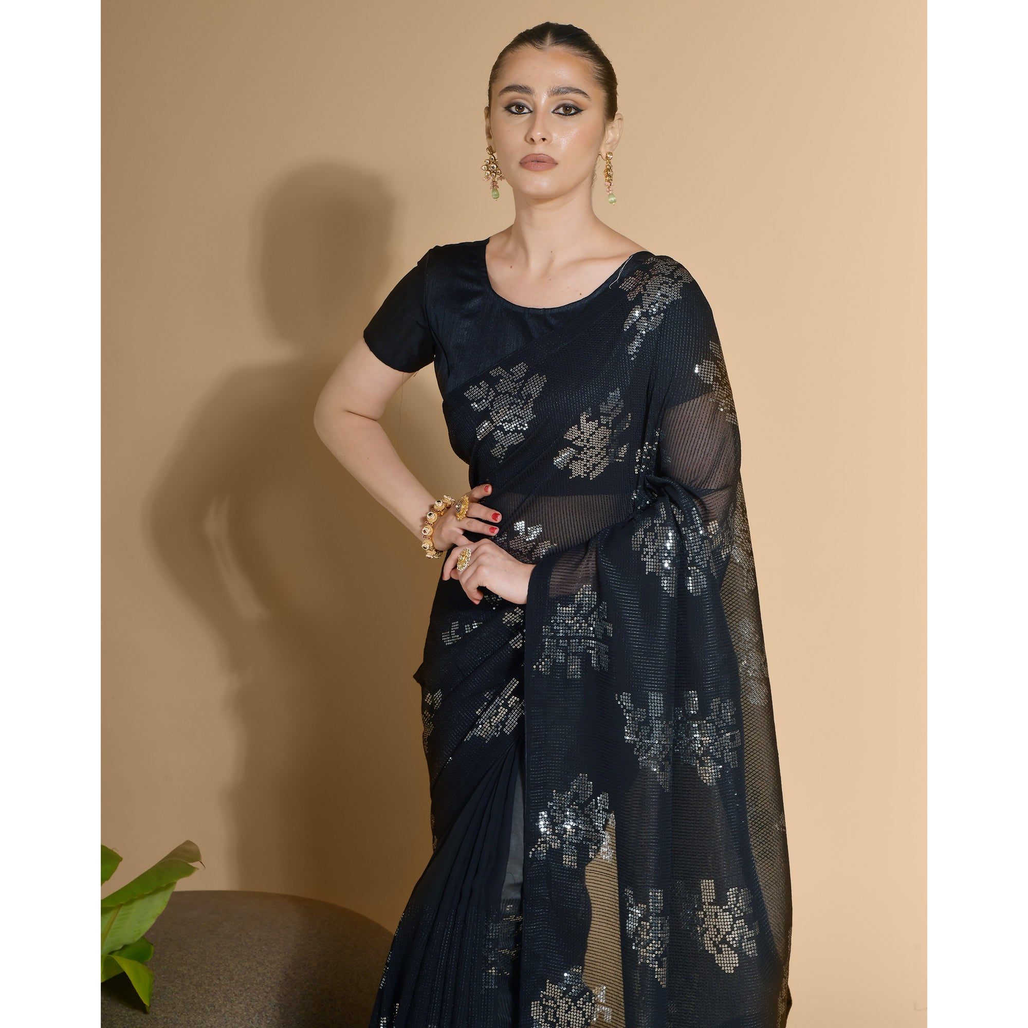 Black Sequins Embroidered Georgette Saree