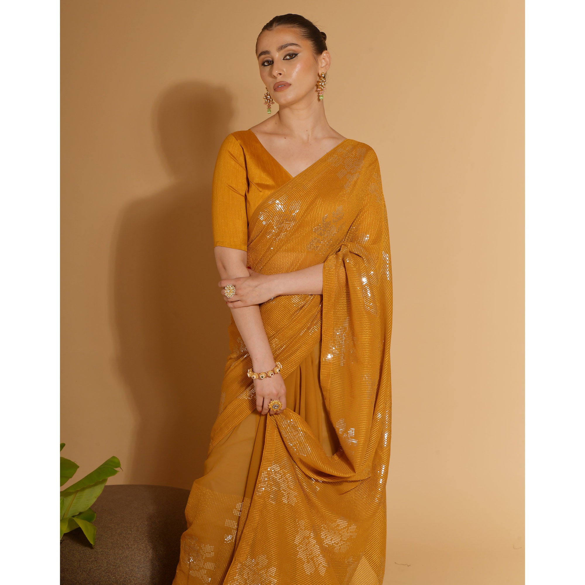 Mustard Sequins Embroidered Georgette Saree
