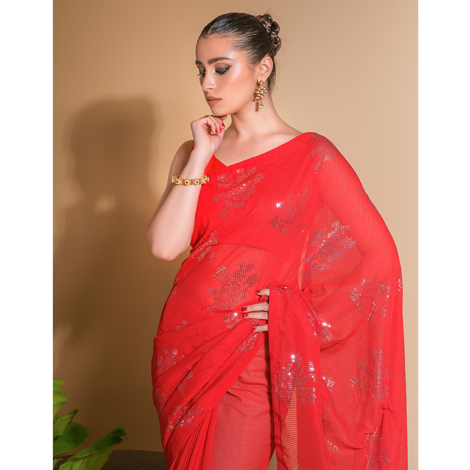 Red Sequins Embroidered Georgette Saree