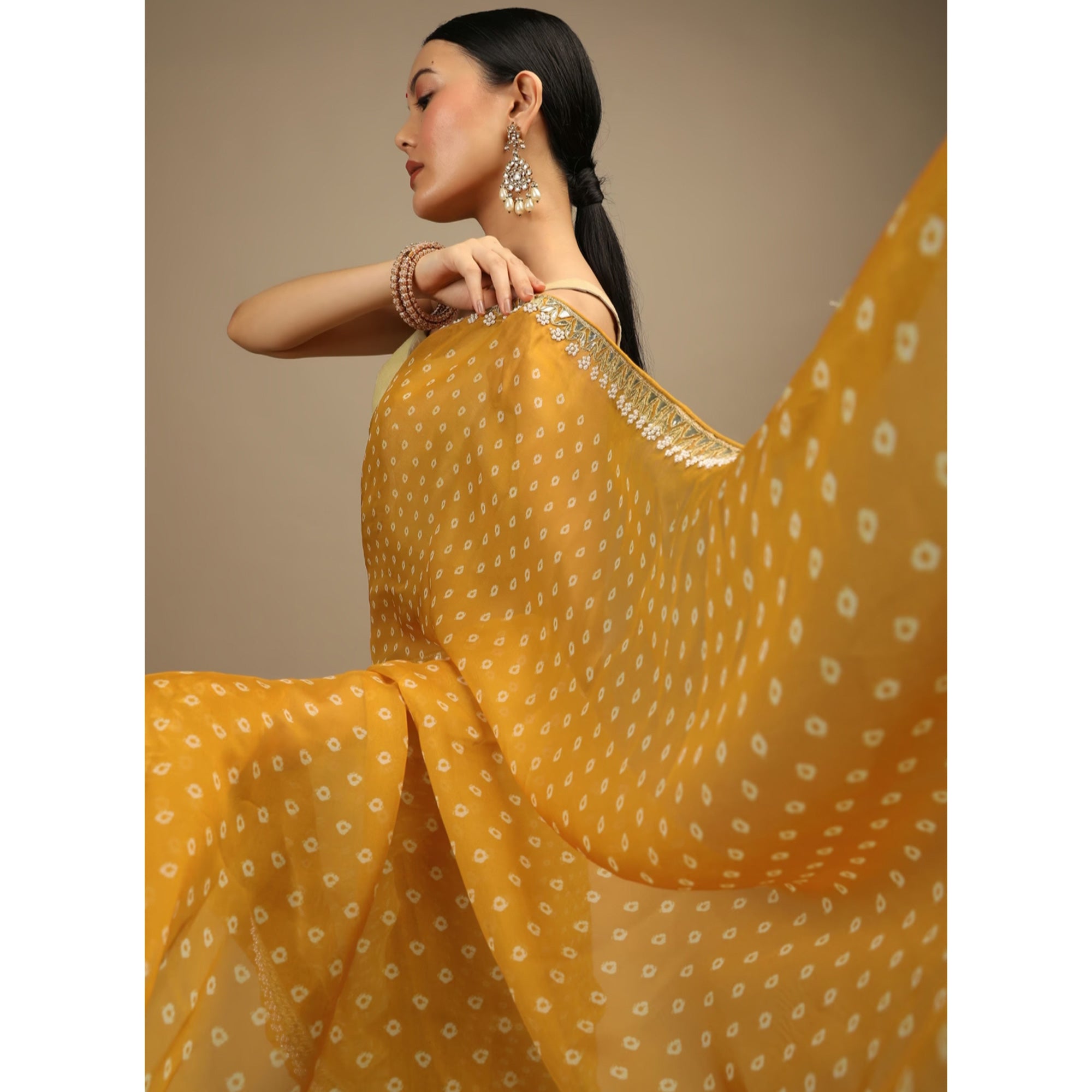 Mustard Bandhani Printed Chinon Saree