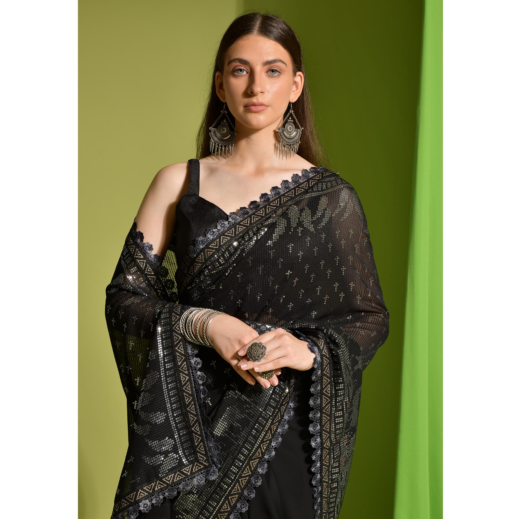 Black Sequins Embroidered Georgette Saree