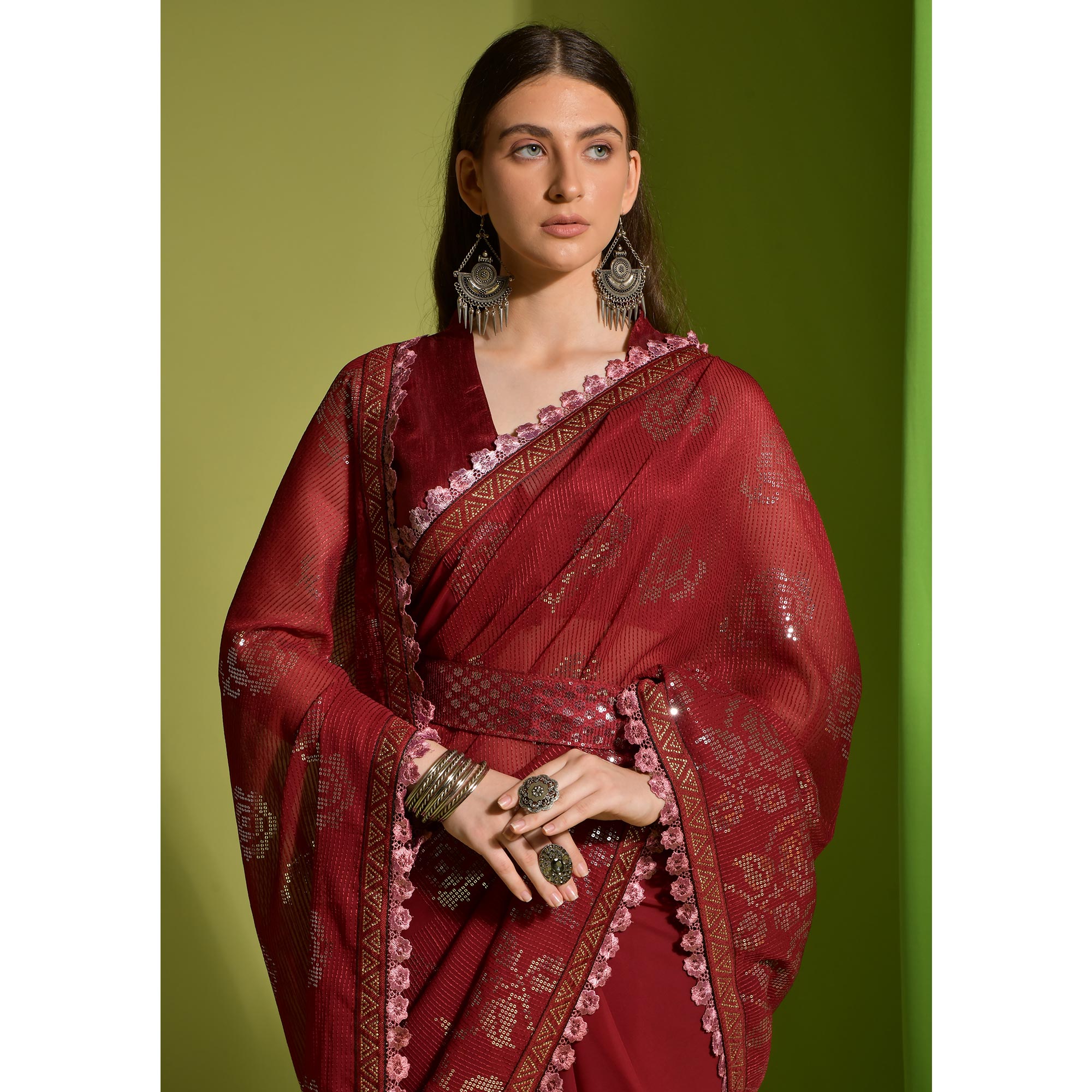 Red Sequins Embroidered Georgette Saree
