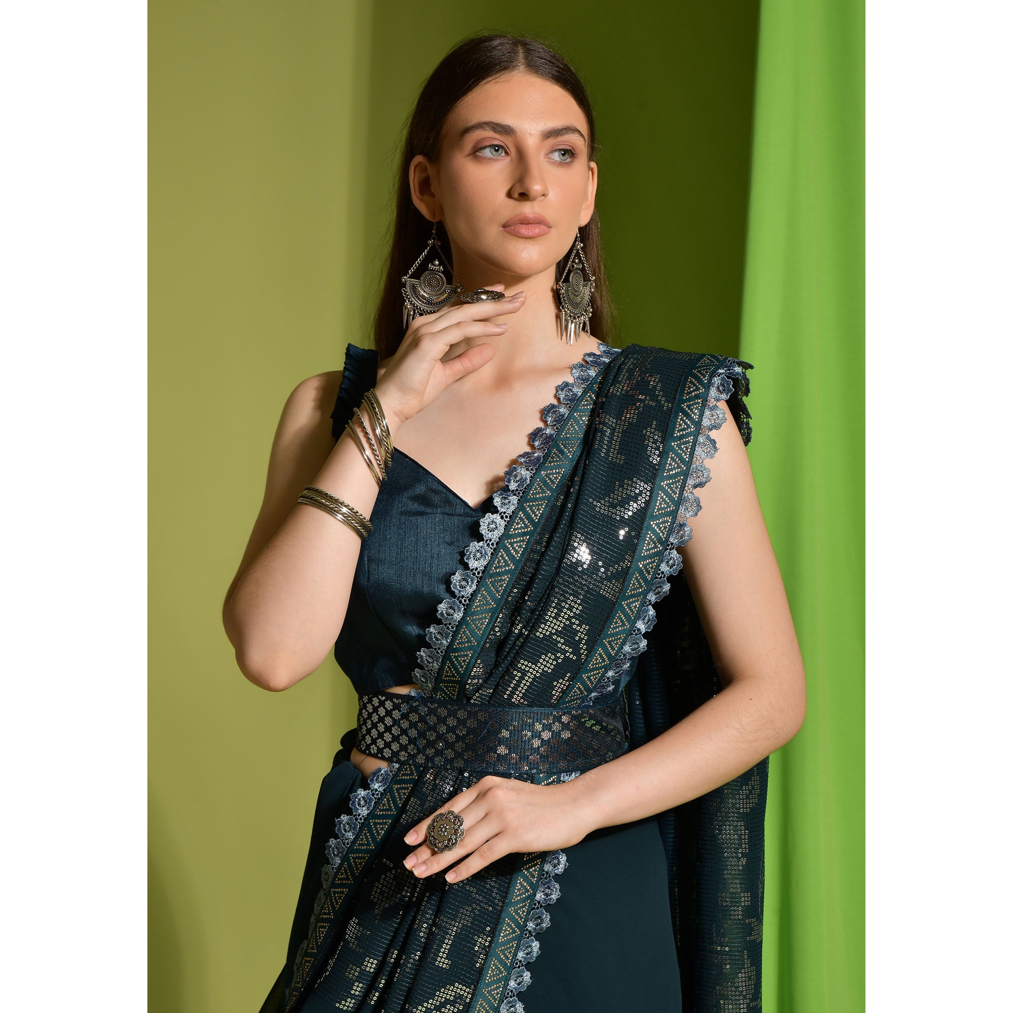 Green Sequins Embroidered Georgette Saree