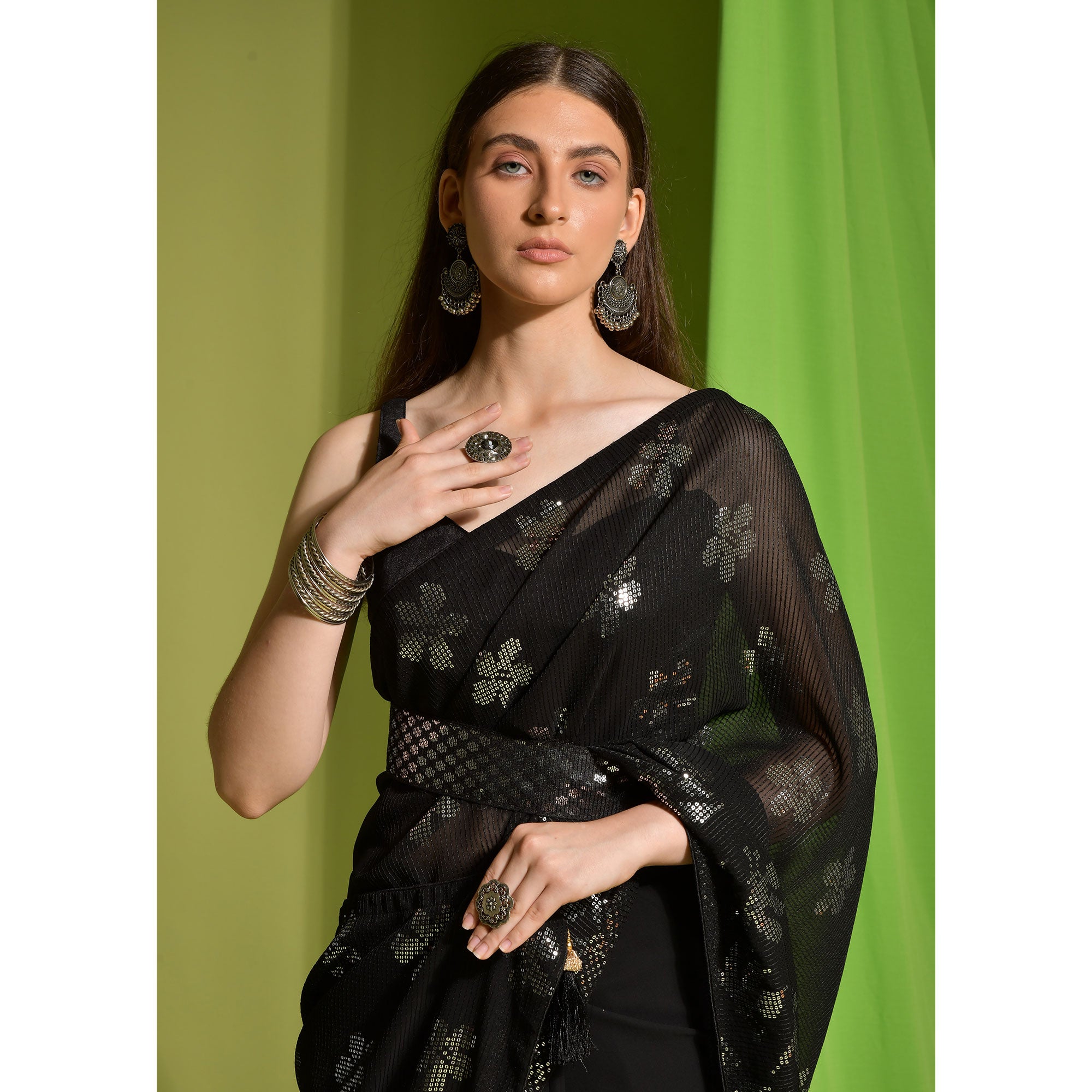Black Sequins Embroidered Georgette Saree
