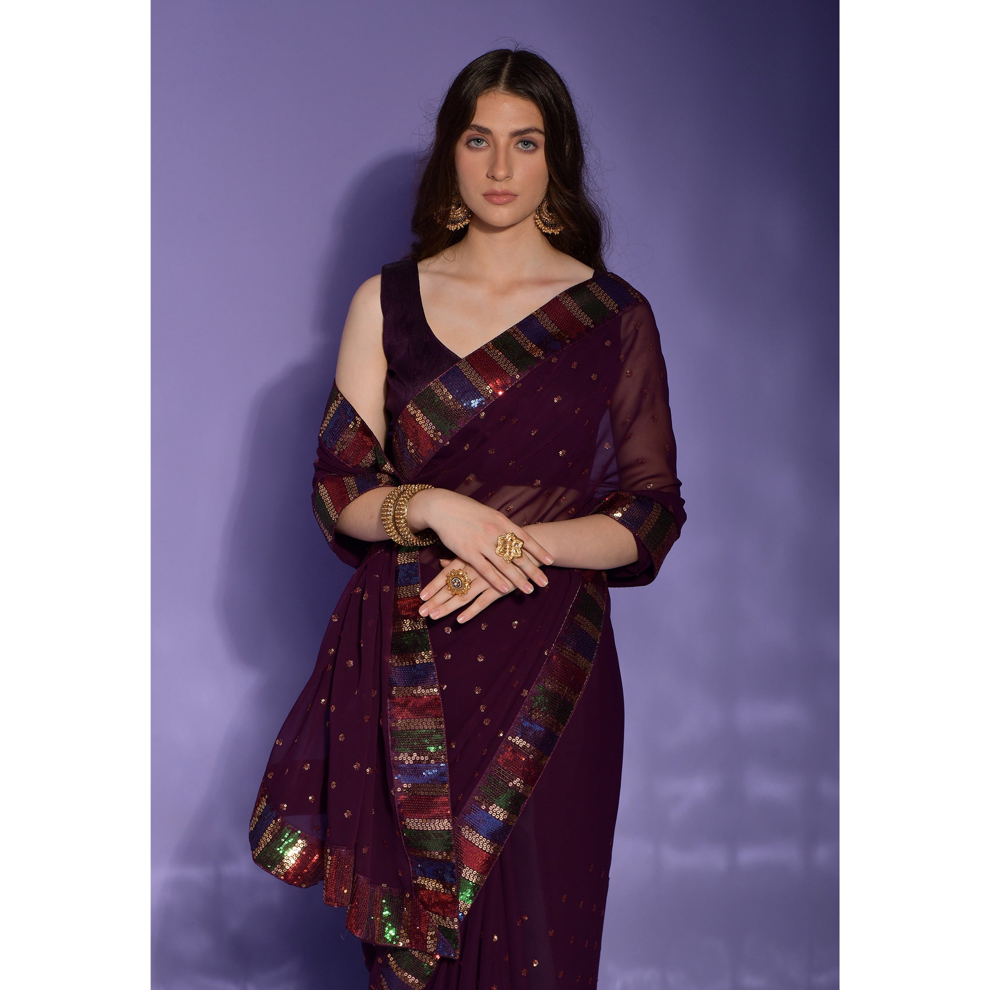 Wine Sequins Embroidered Georgette Saree
