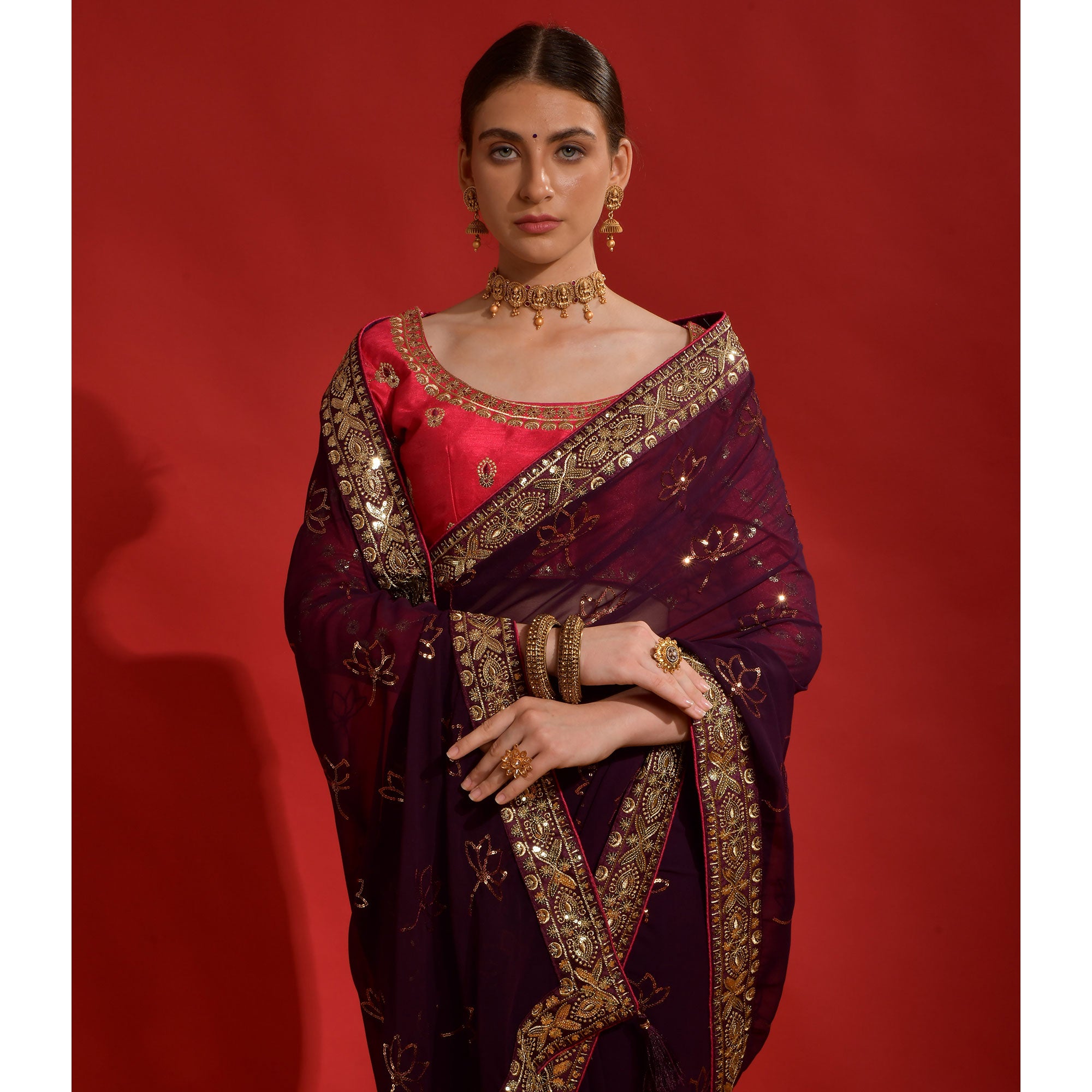 Wine Floral Sequins Embroidered Georgette Saree
