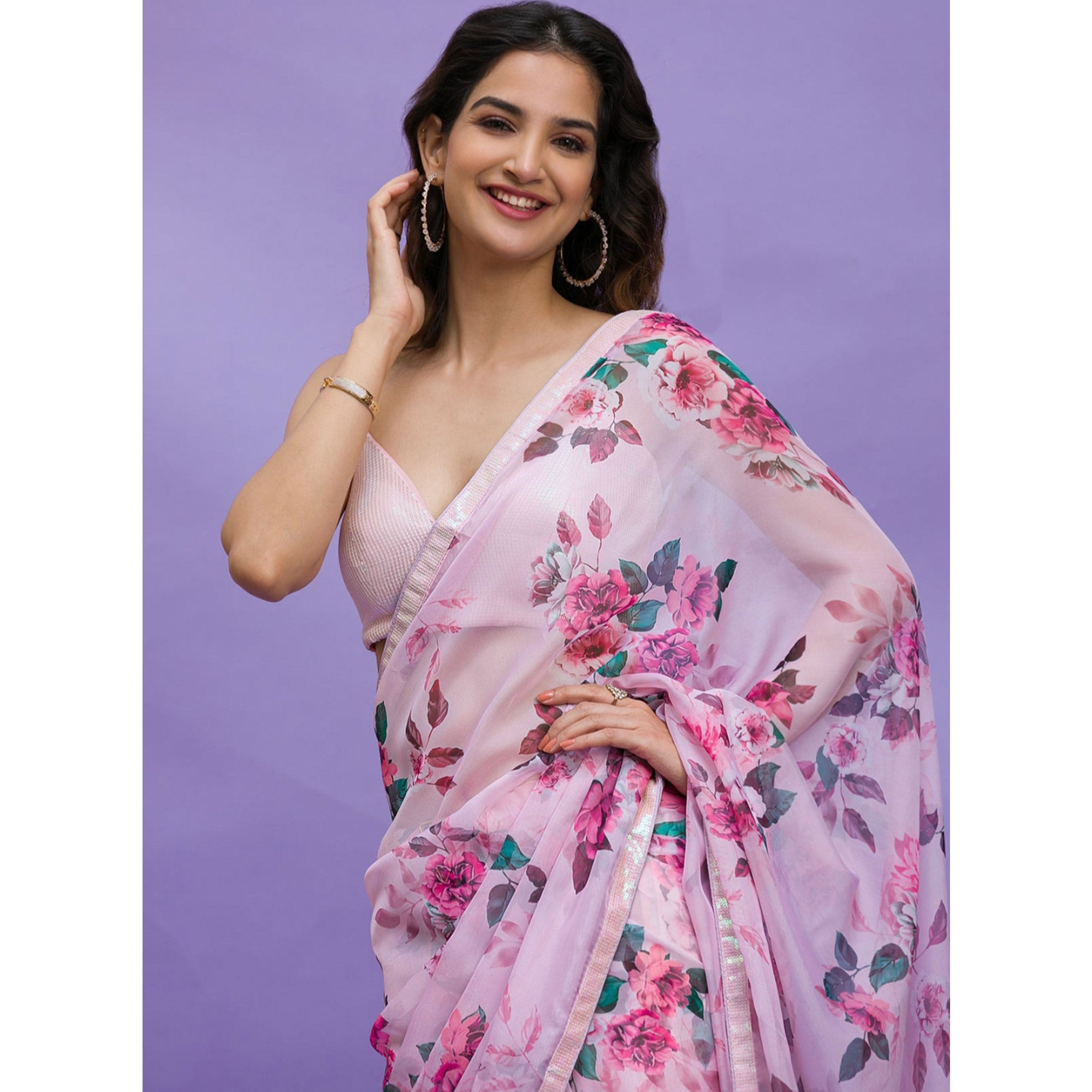 Pink Floral Printed Chinon Saree With Embroidered Border