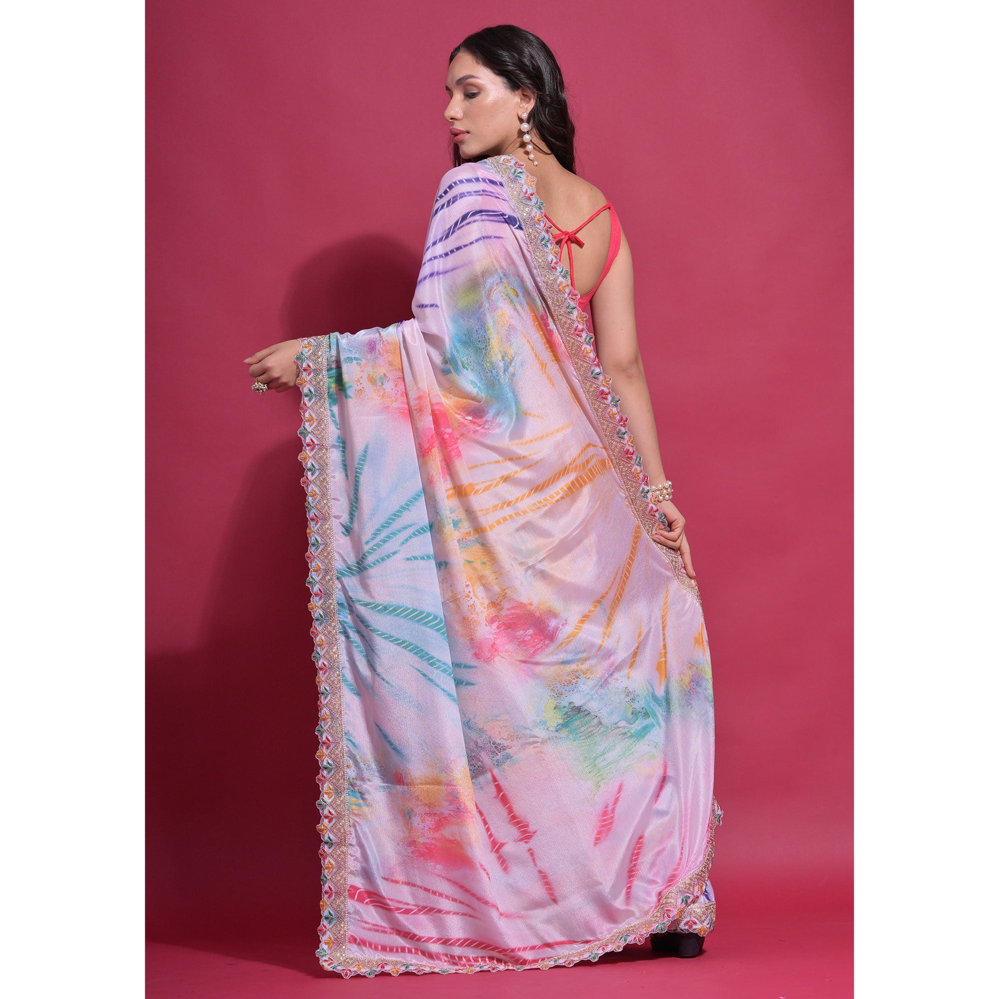 Pink Digital Printed Chinon Saree With Coding Border