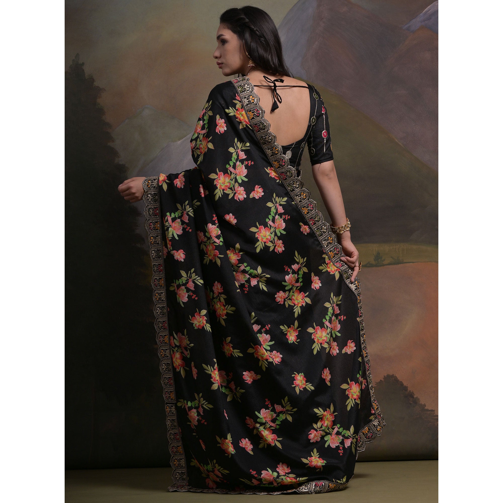 Black Floral Printed Chinon Saree With Embroidered Border