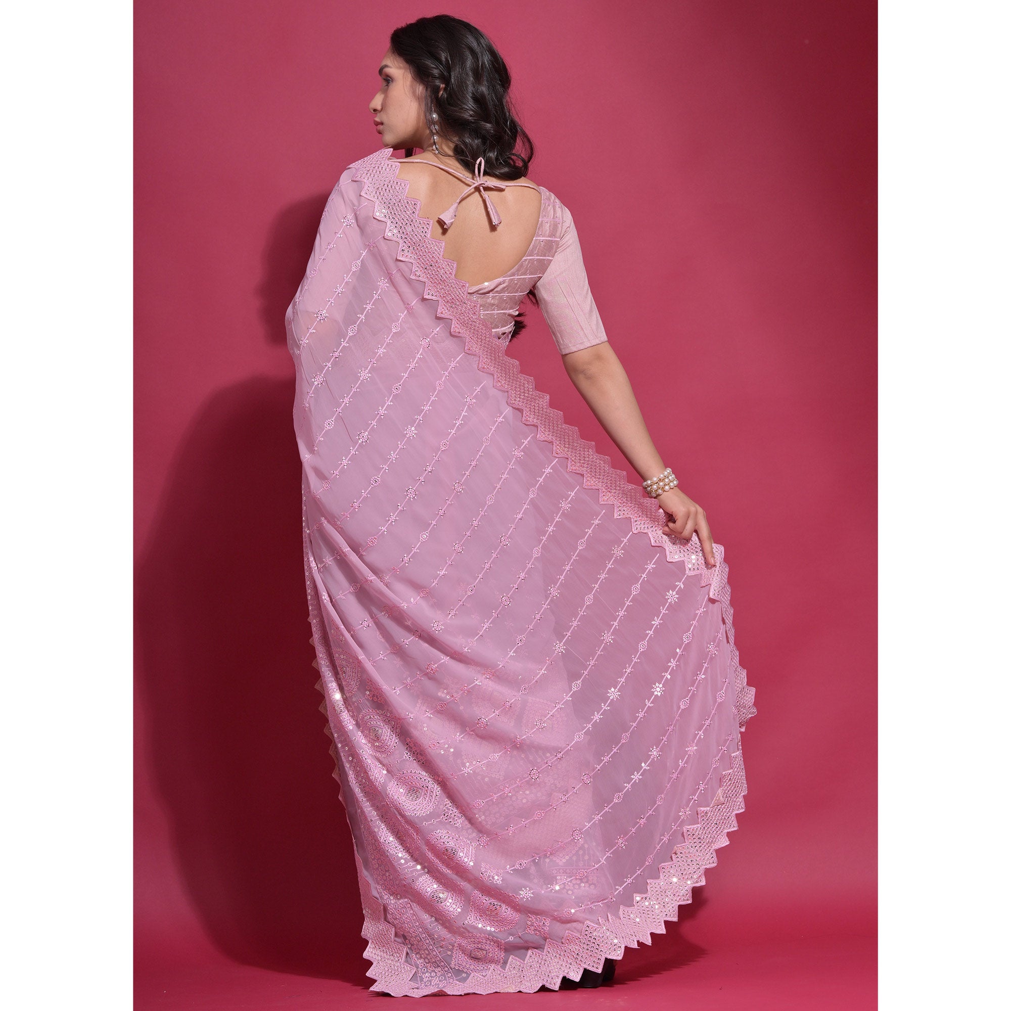 Pink Sequins Embroidered Georgette Saree