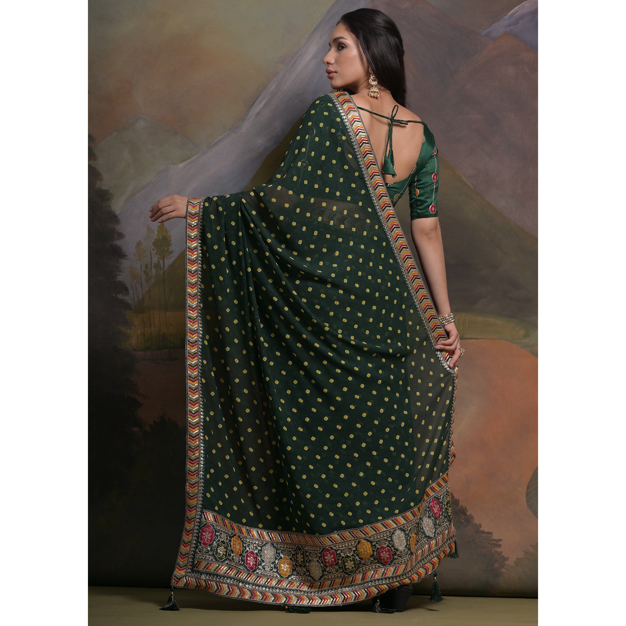 Green Bandhej Printed Georgette Saree With Tassels