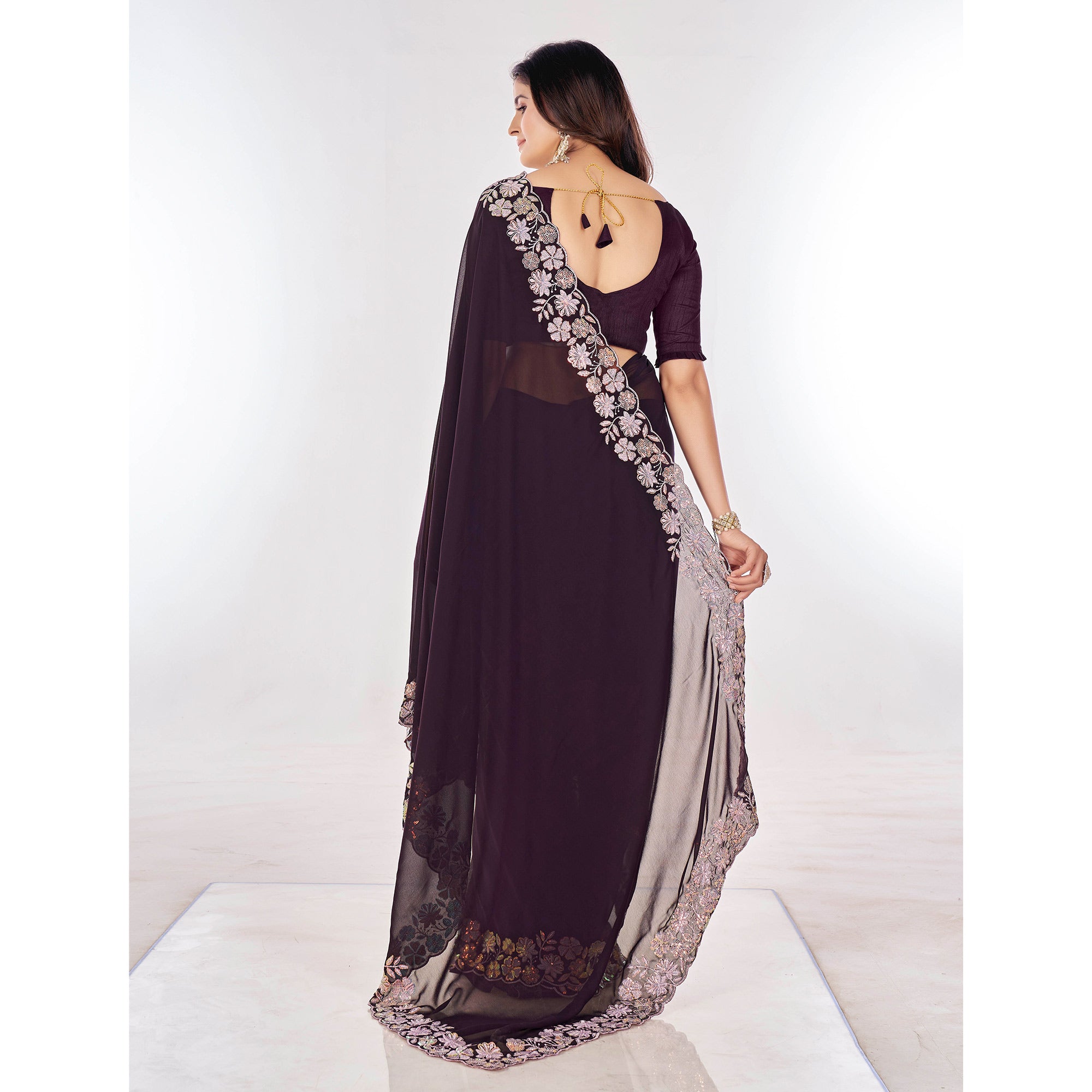 Wine Sequins Embroidered Georgette Saree