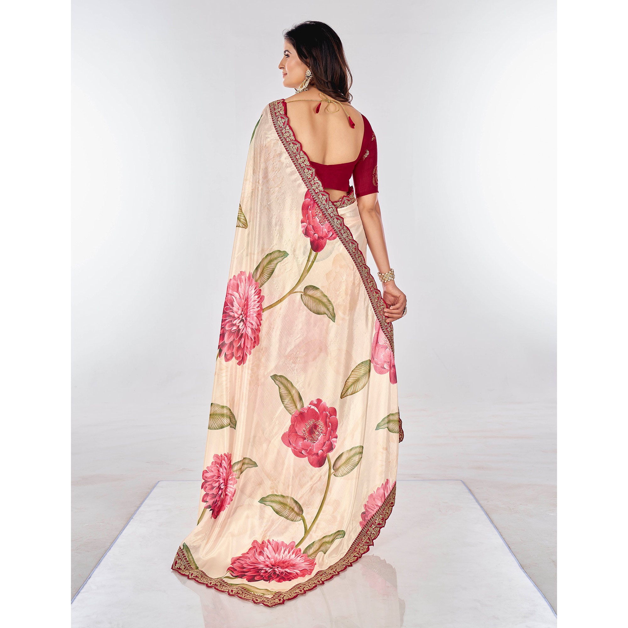 Off White Floral Printed Chinon Saree