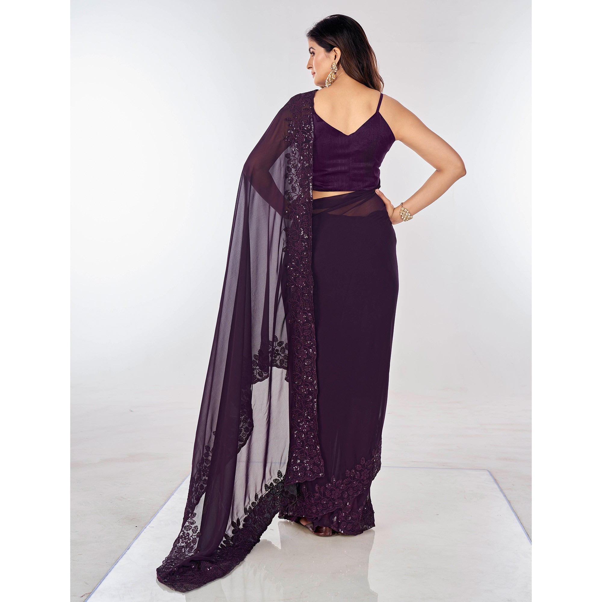 Wine Sequins Embroidered Georgette Saree