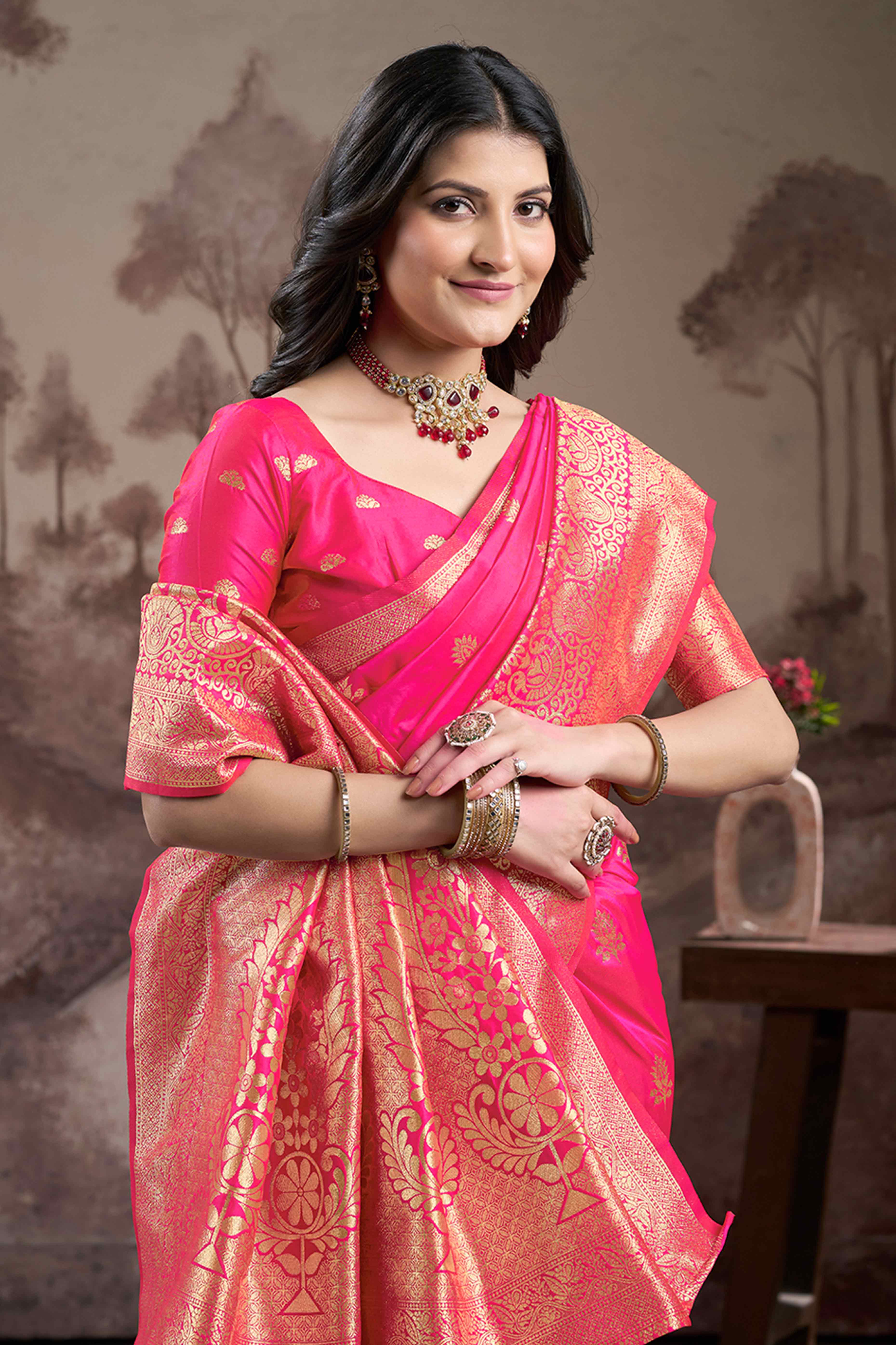 Pink Floral Woven Jacquard Silk Saree