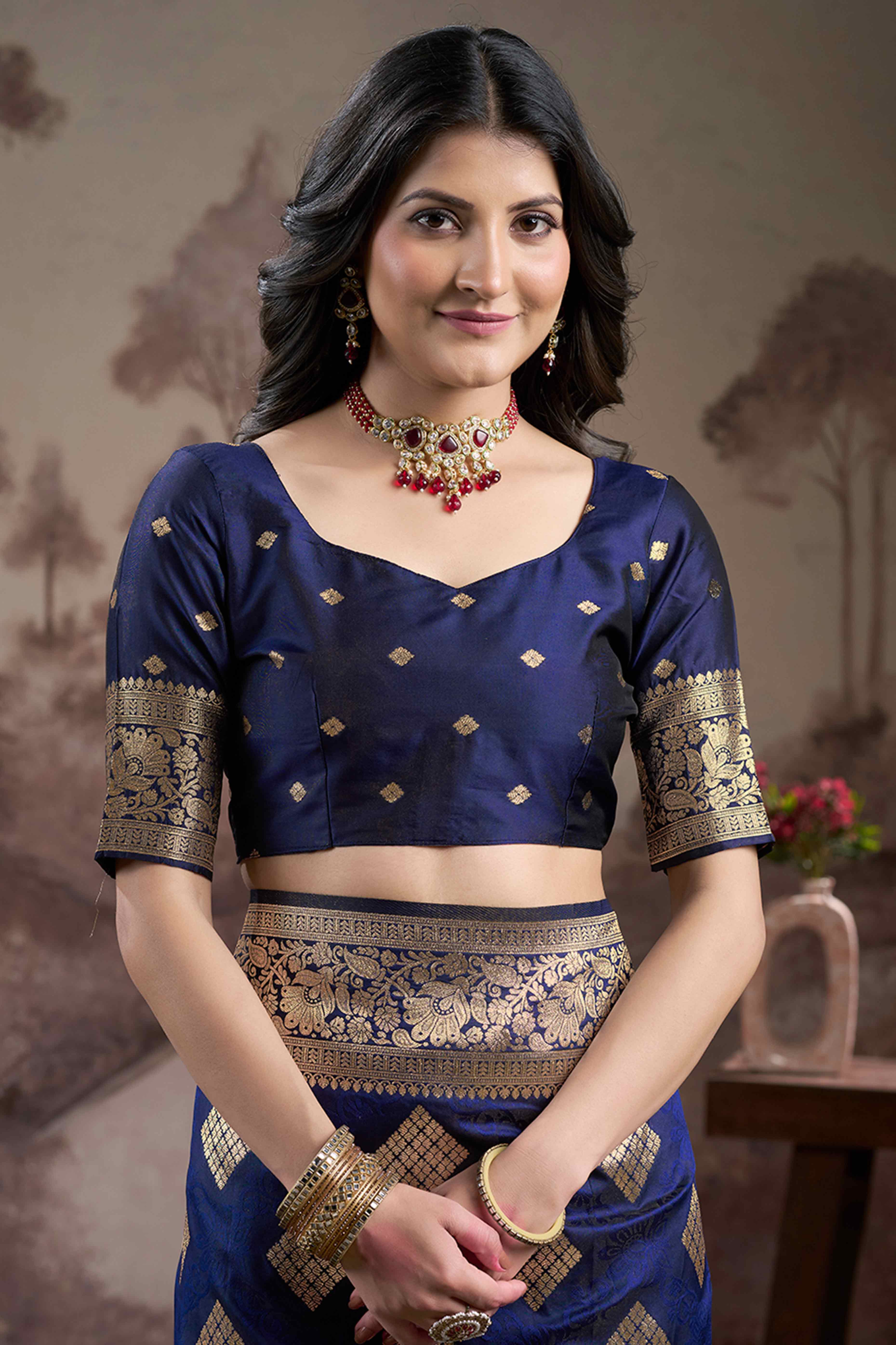 Navy Blue Woven Jacquard Silk Saree