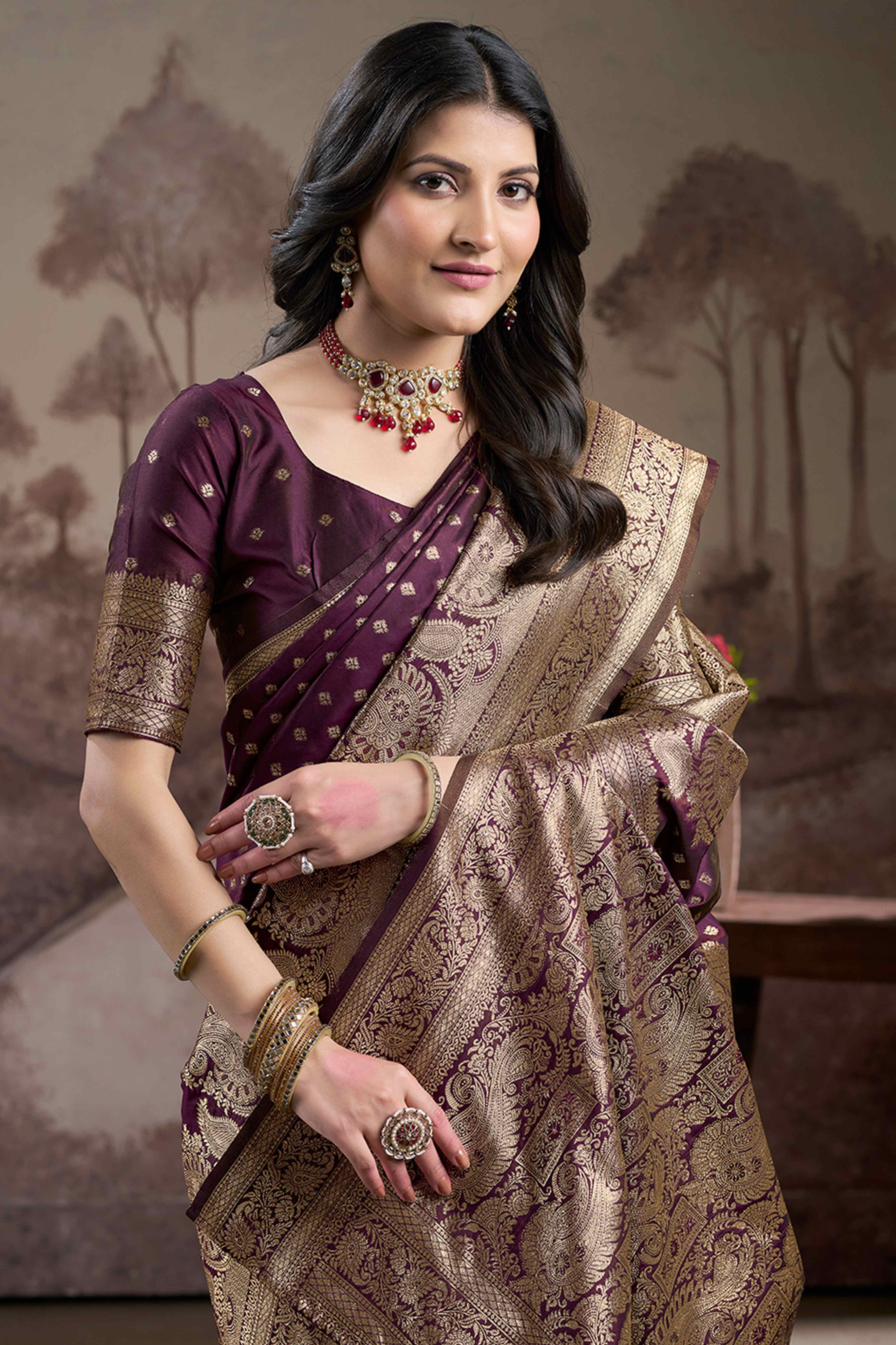 Dark Wine Floral Woven Jacquard Silk Saree