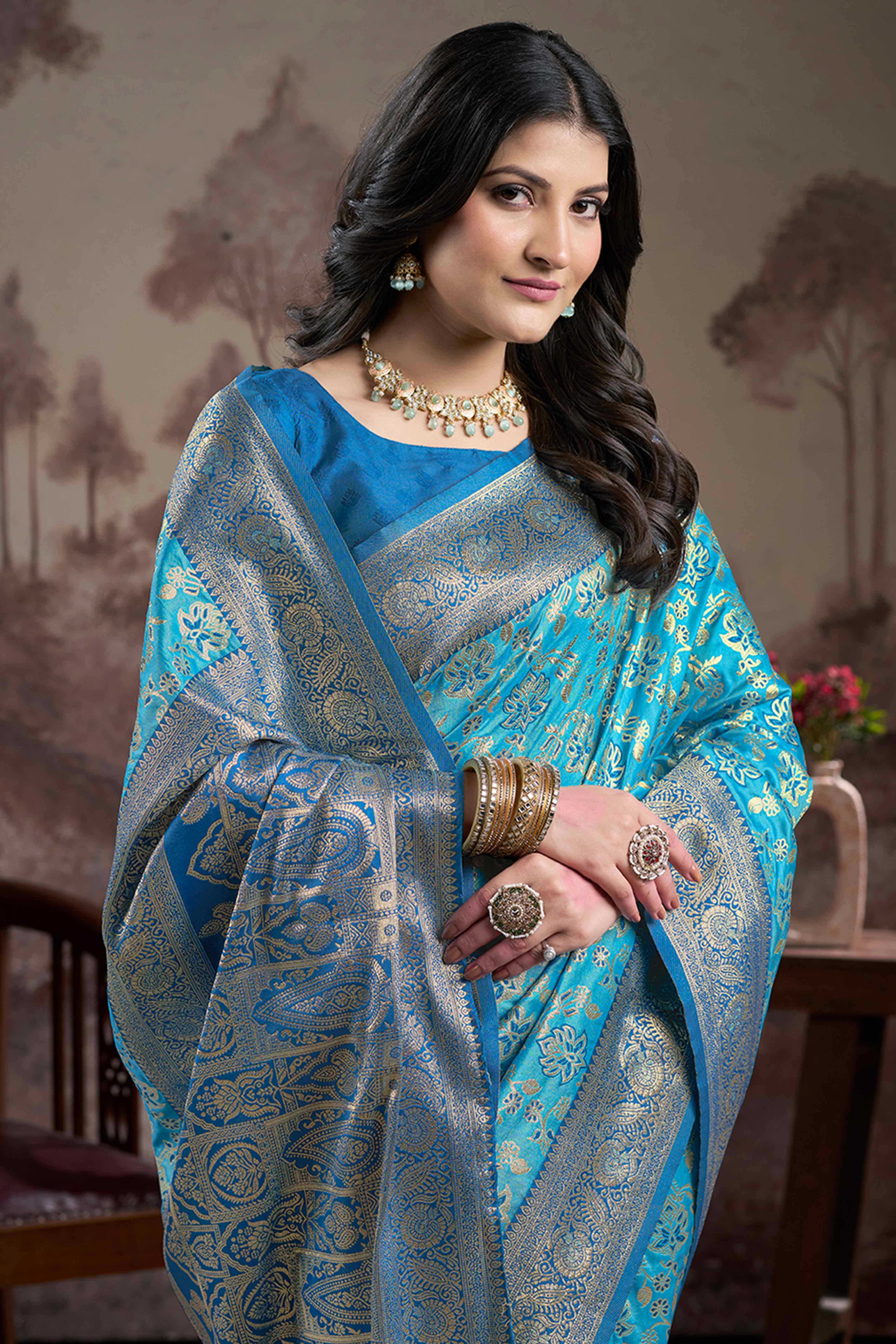 Blue Floral Woven Jacquard Silk Saree