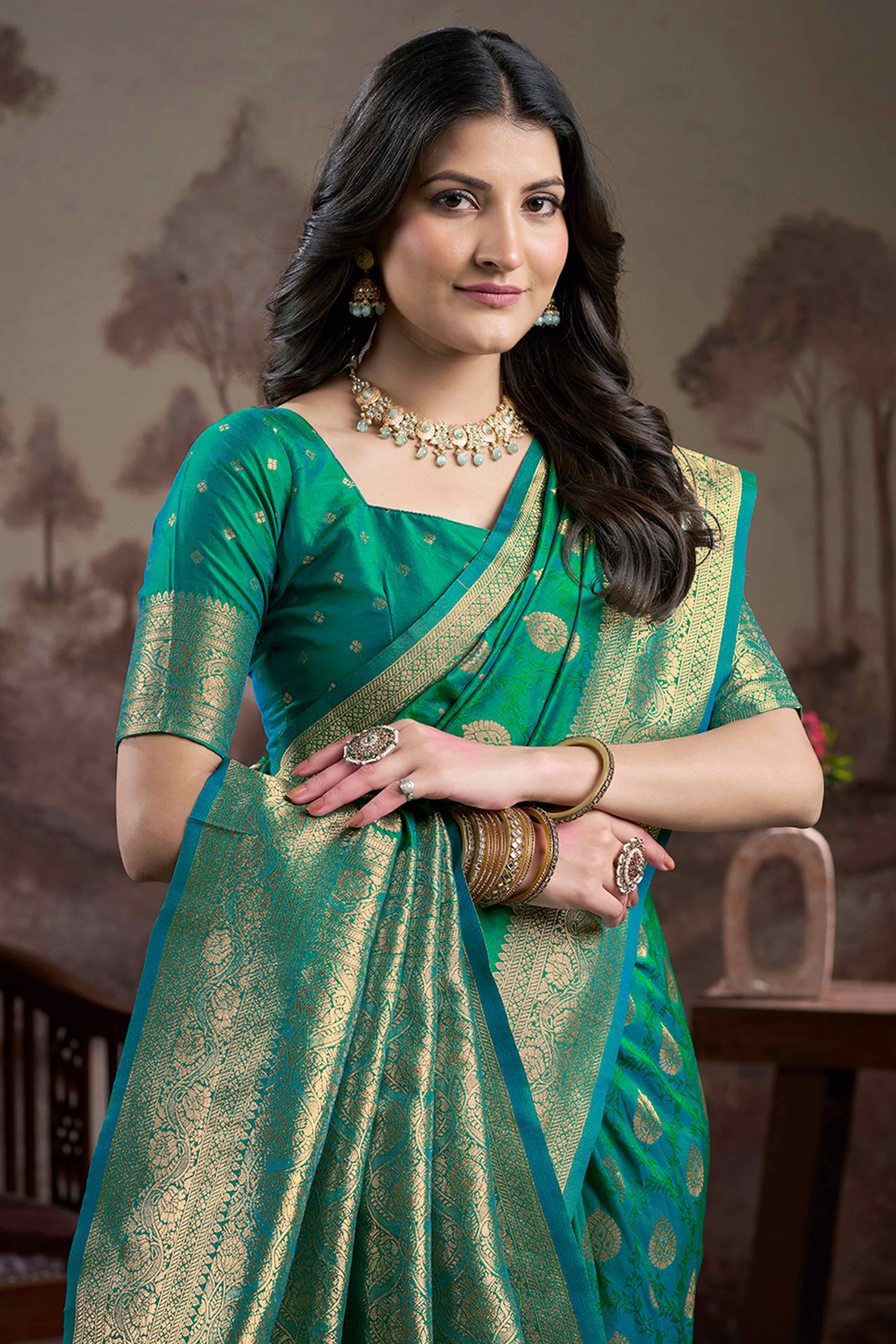 Rama Green Floral Woven Jacquard Silk Saree