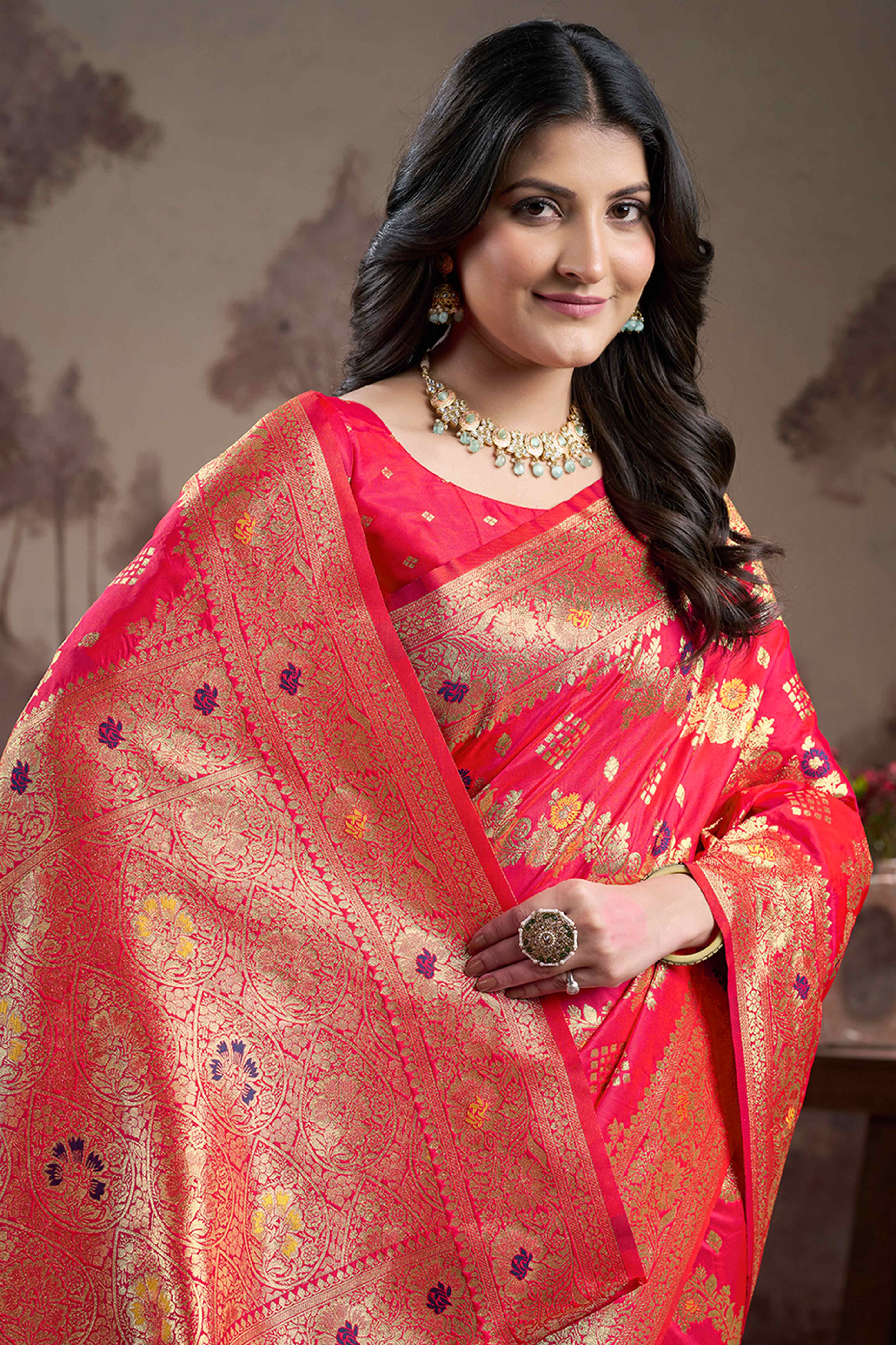 Pink Floral Woven Jacquard Silk Saree