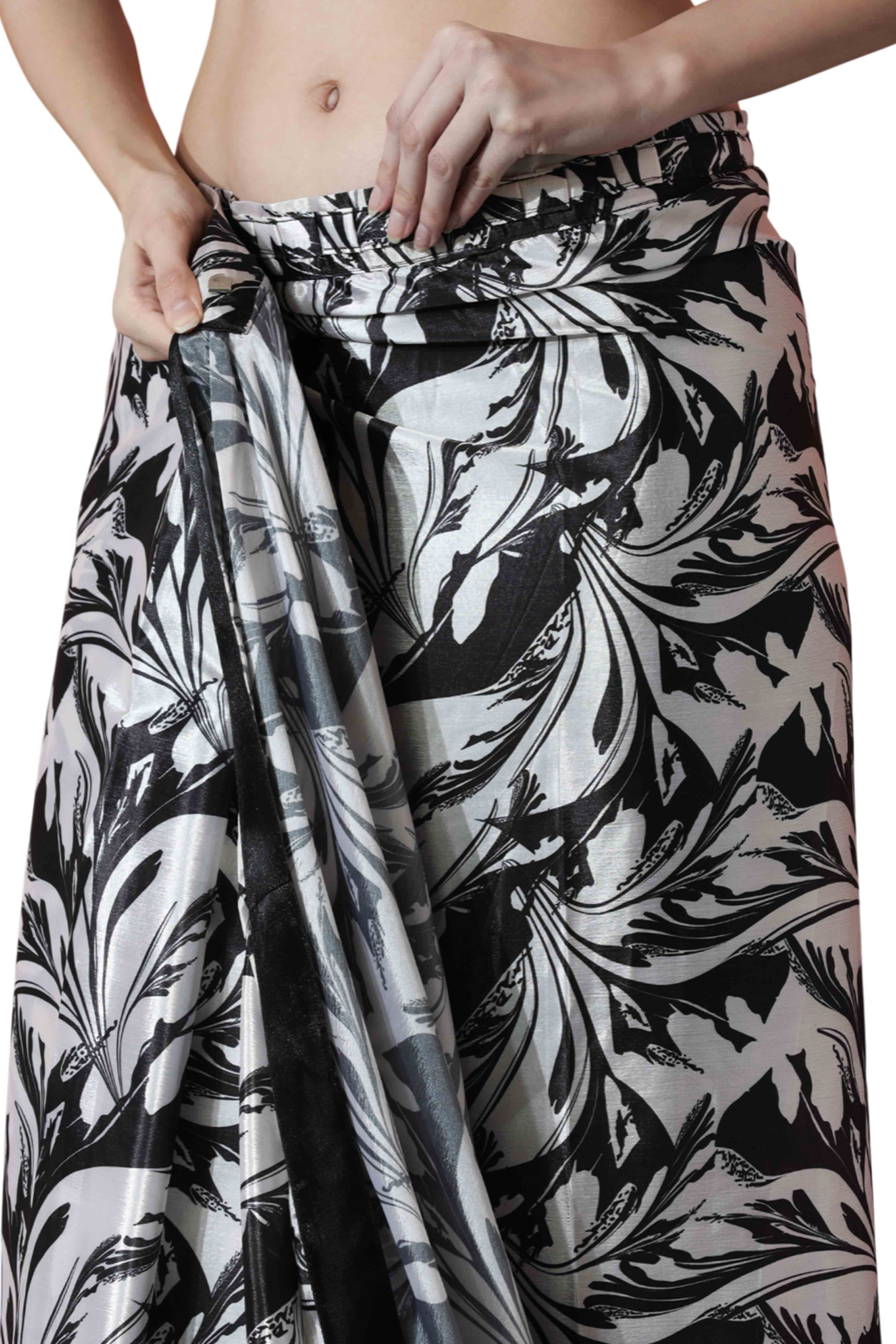 Black & White Floral Digital Printed With Lace Border Pallu Chinon Ready To Wear Saree
