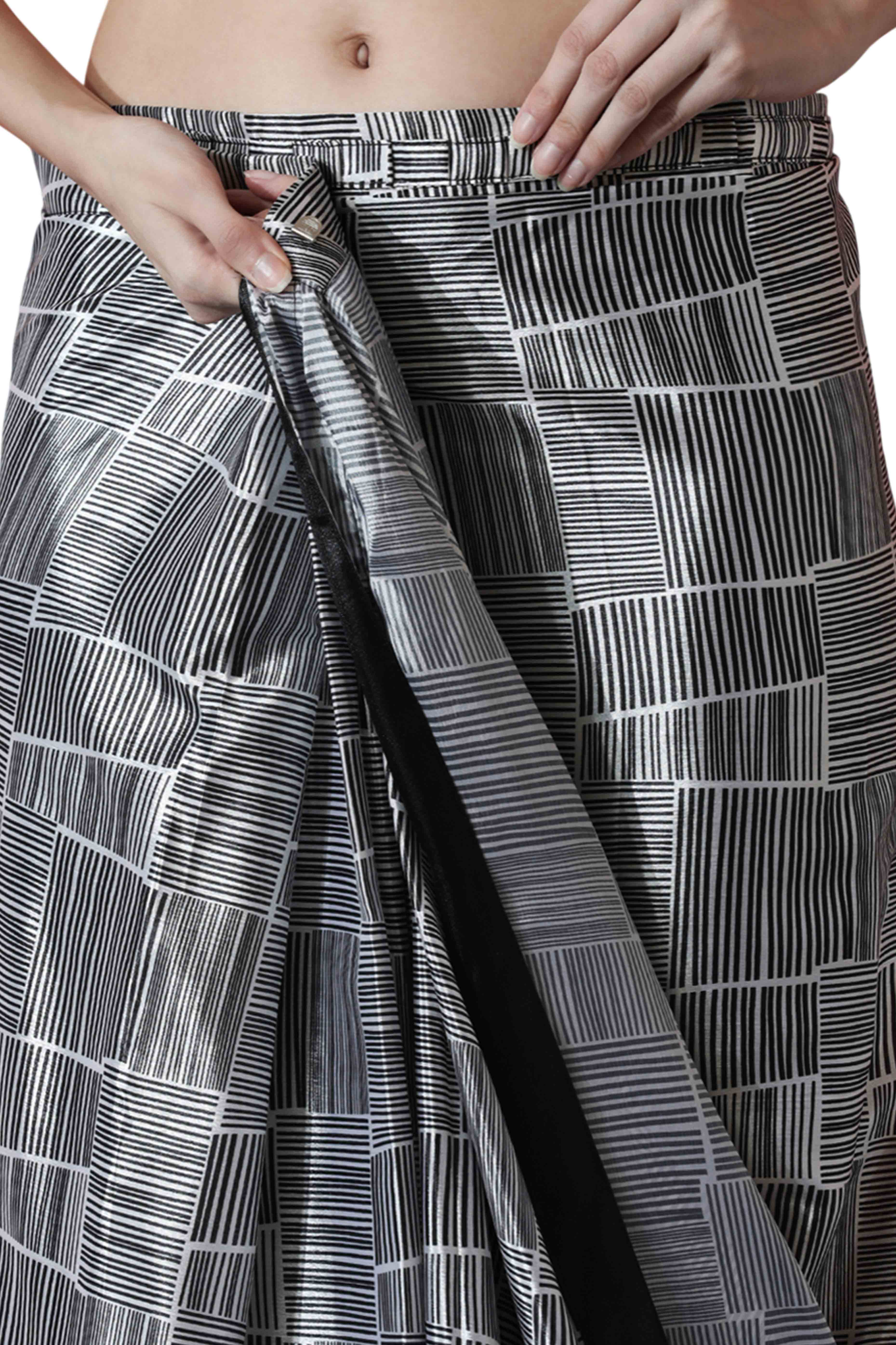 Black Digital Printed With Lace Border Pallu Chinon Ready To Wear Saree