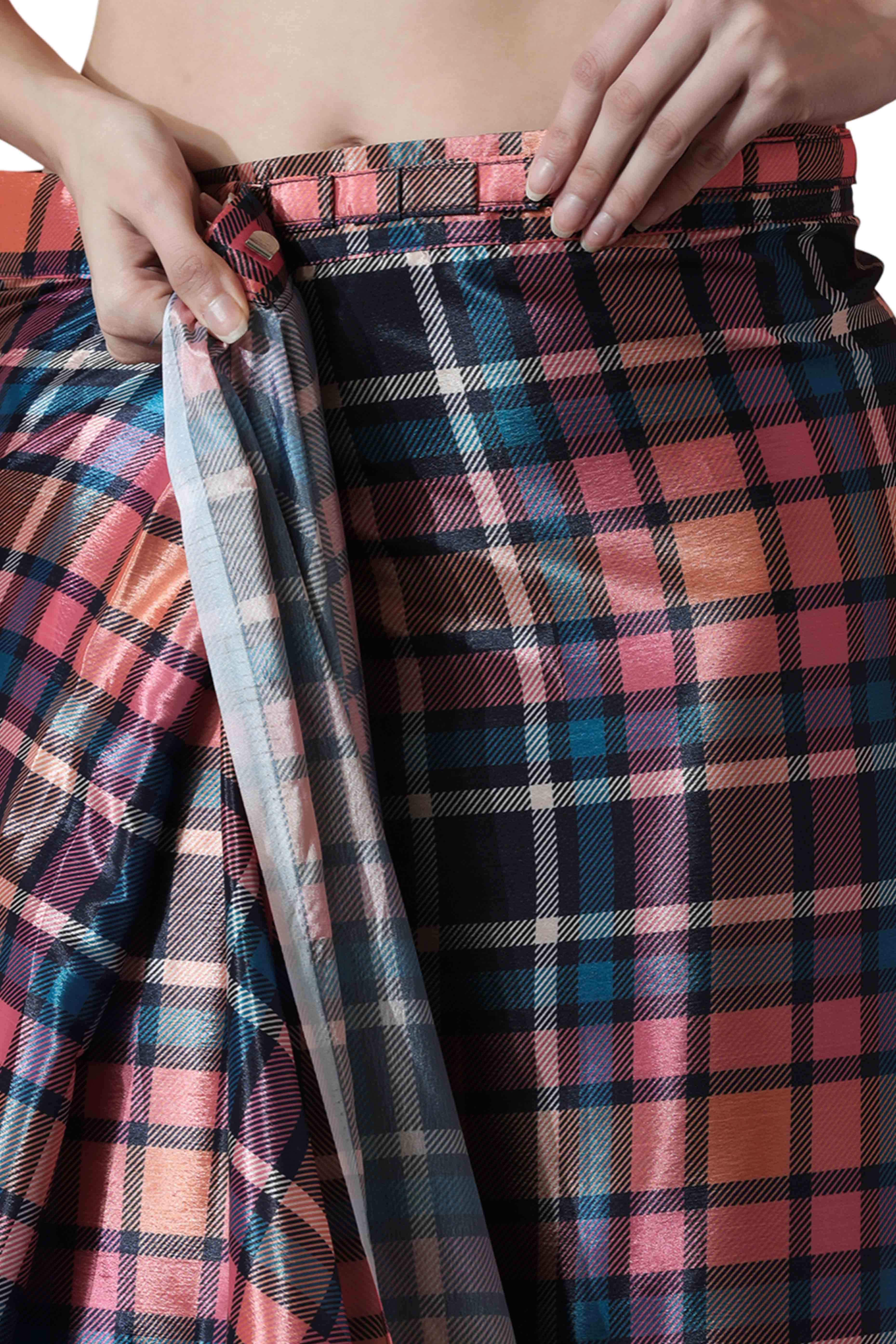Multicolor Checked Digital Printed With Lace Border Pallu Chinon Ready To Wear Saree