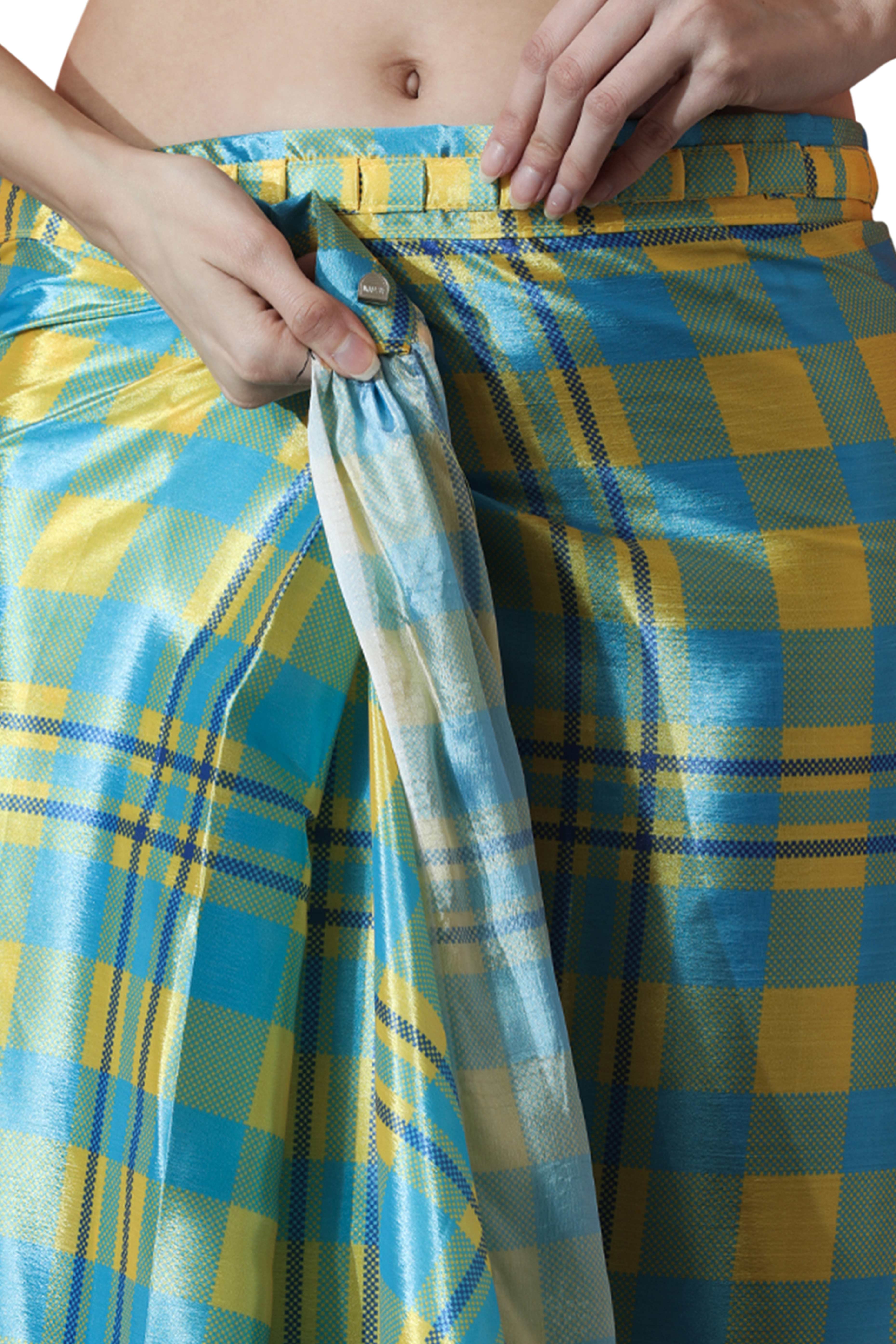 Blue Checks Digital Printed With Delicate Lace Border Pallu Chinon Ready To Wear Saree