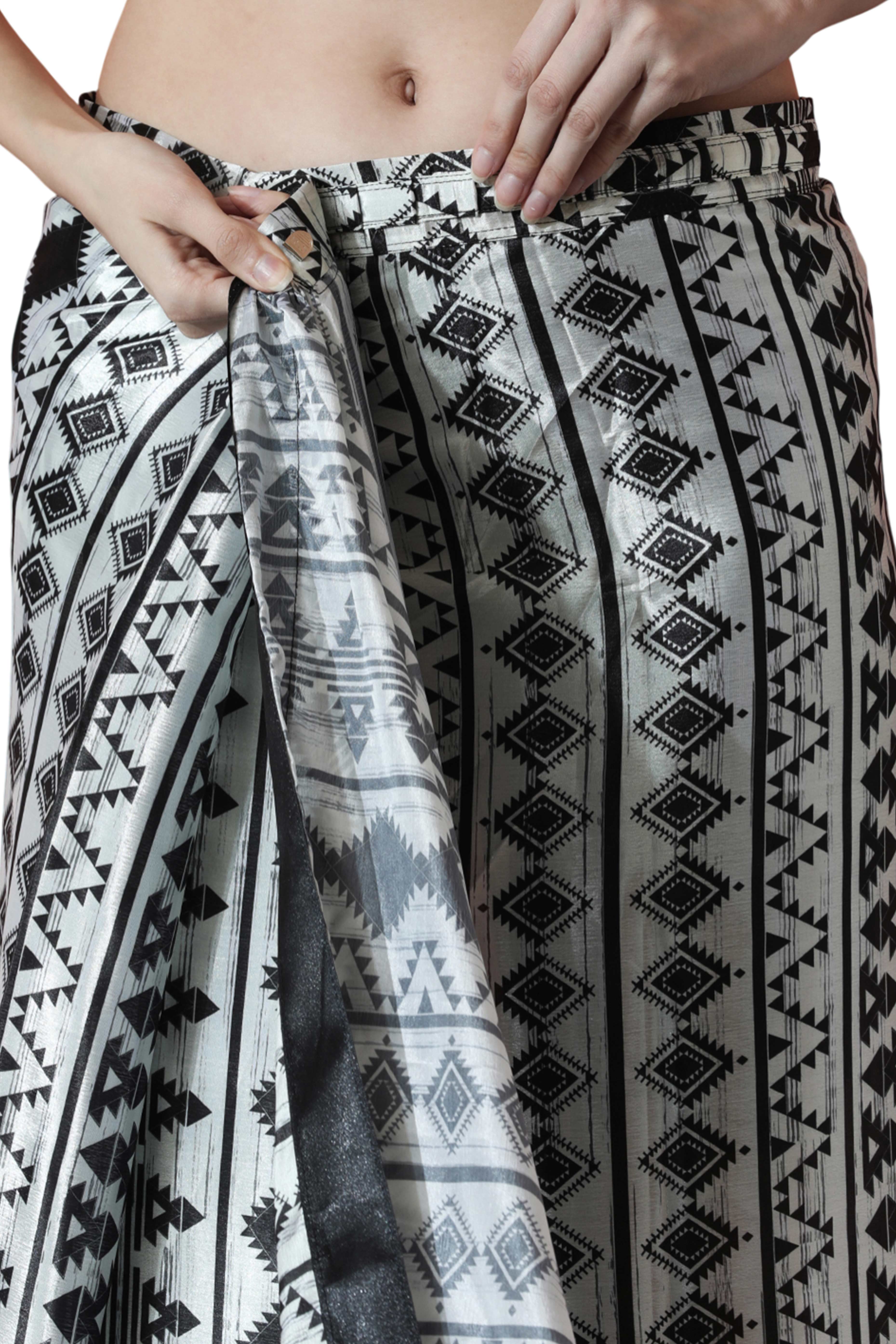 White & Black Geometric Digital Printed With Intricate Lace Border Pallu Chinon Ready To Wear Saree