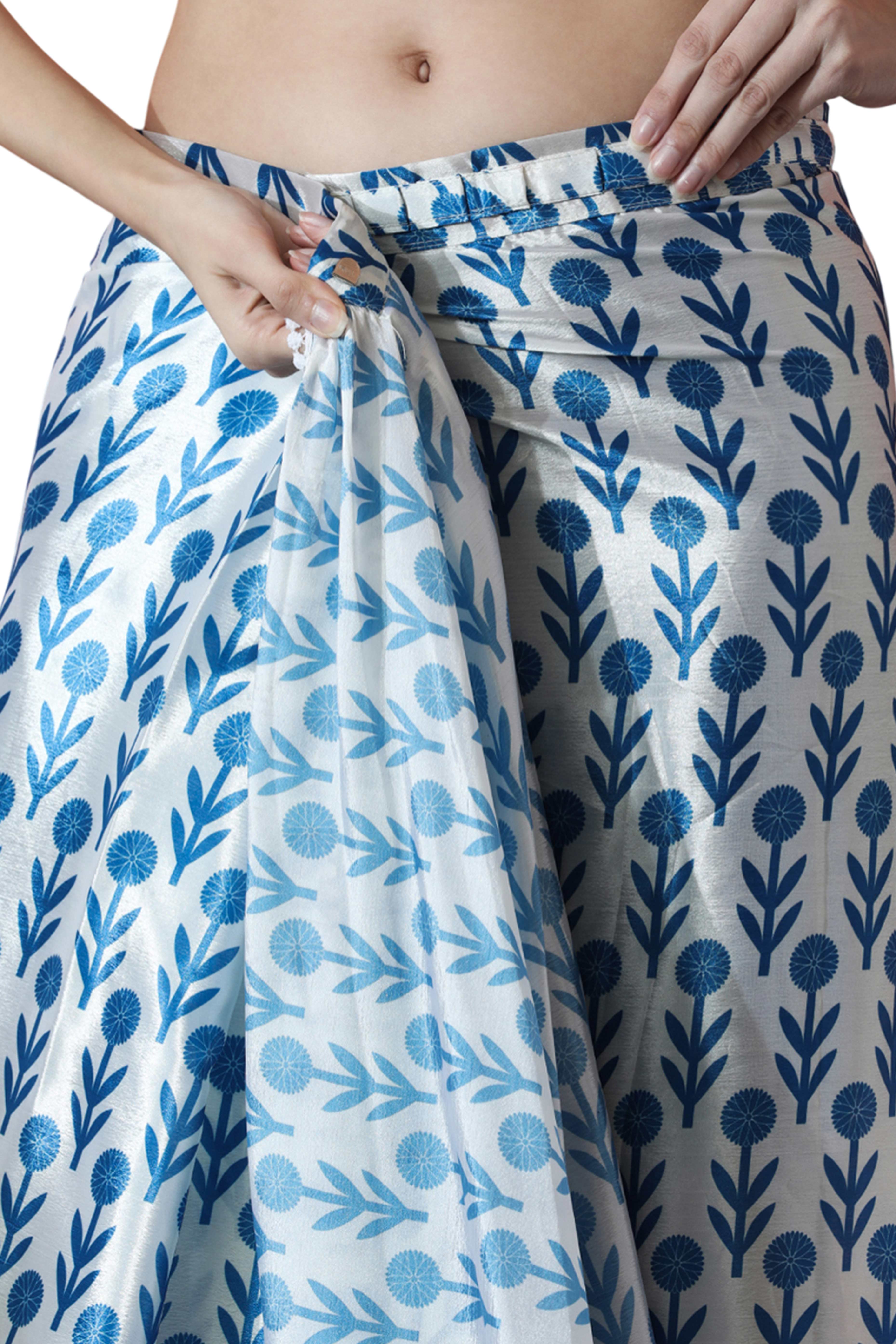 White & Blue Floral Digital Printed With Intricate Lace Border Pallu Chinon Ready To Wear Saree