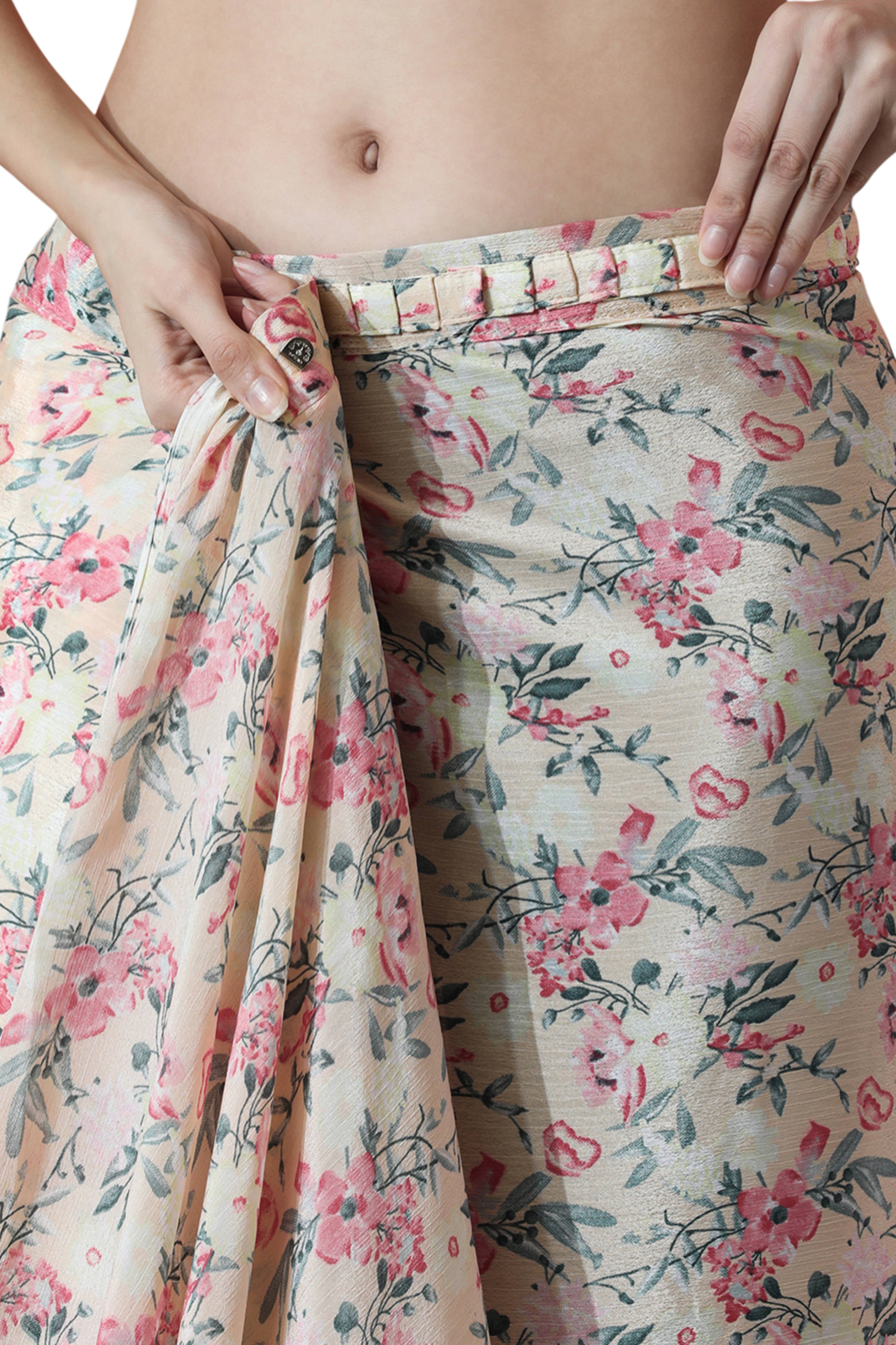 Cream Floral Digital Printed Chinon Ready To Wear Saree