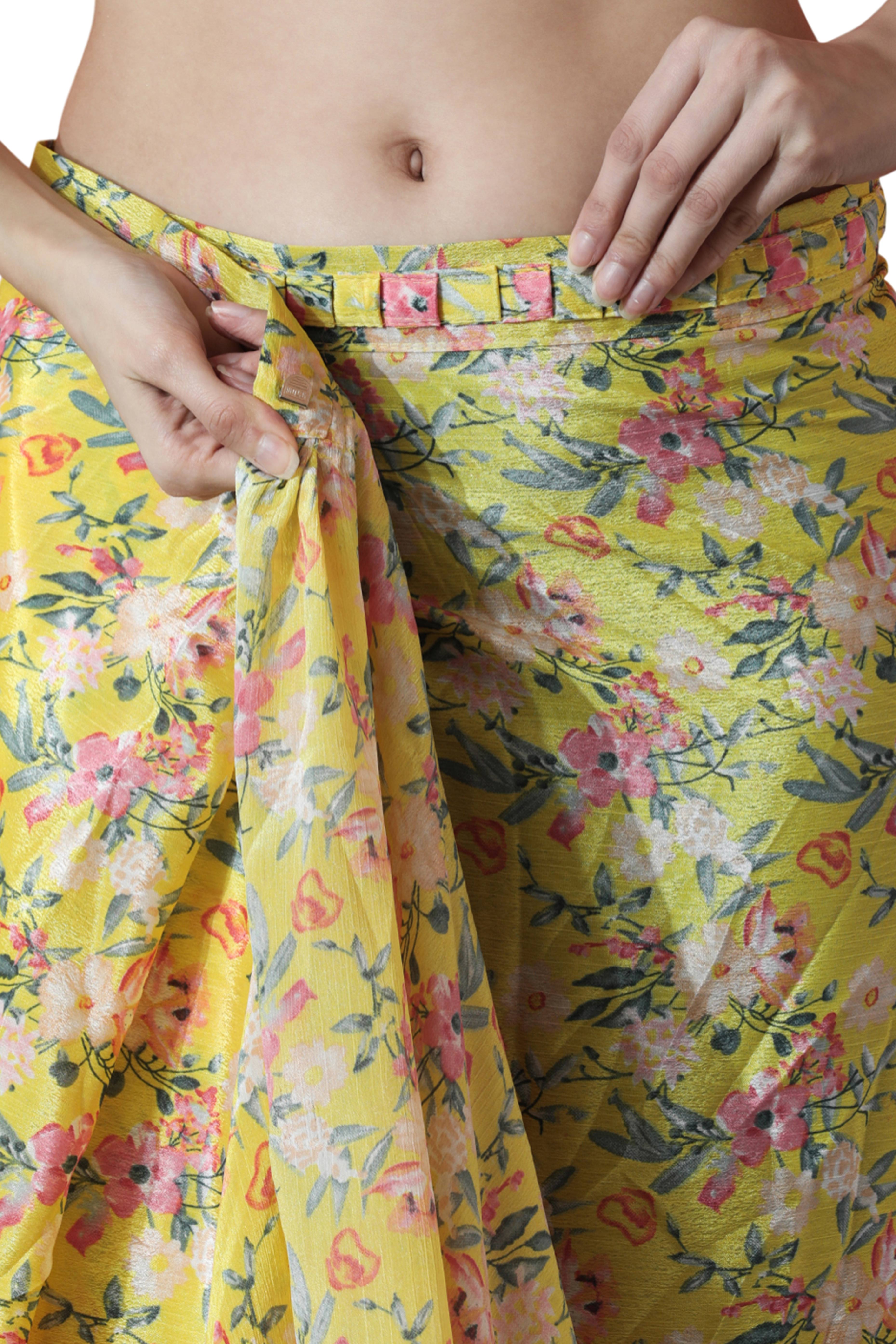 Lemon Yellow Floral Digital Printed Chinon Ready To Wear Saree