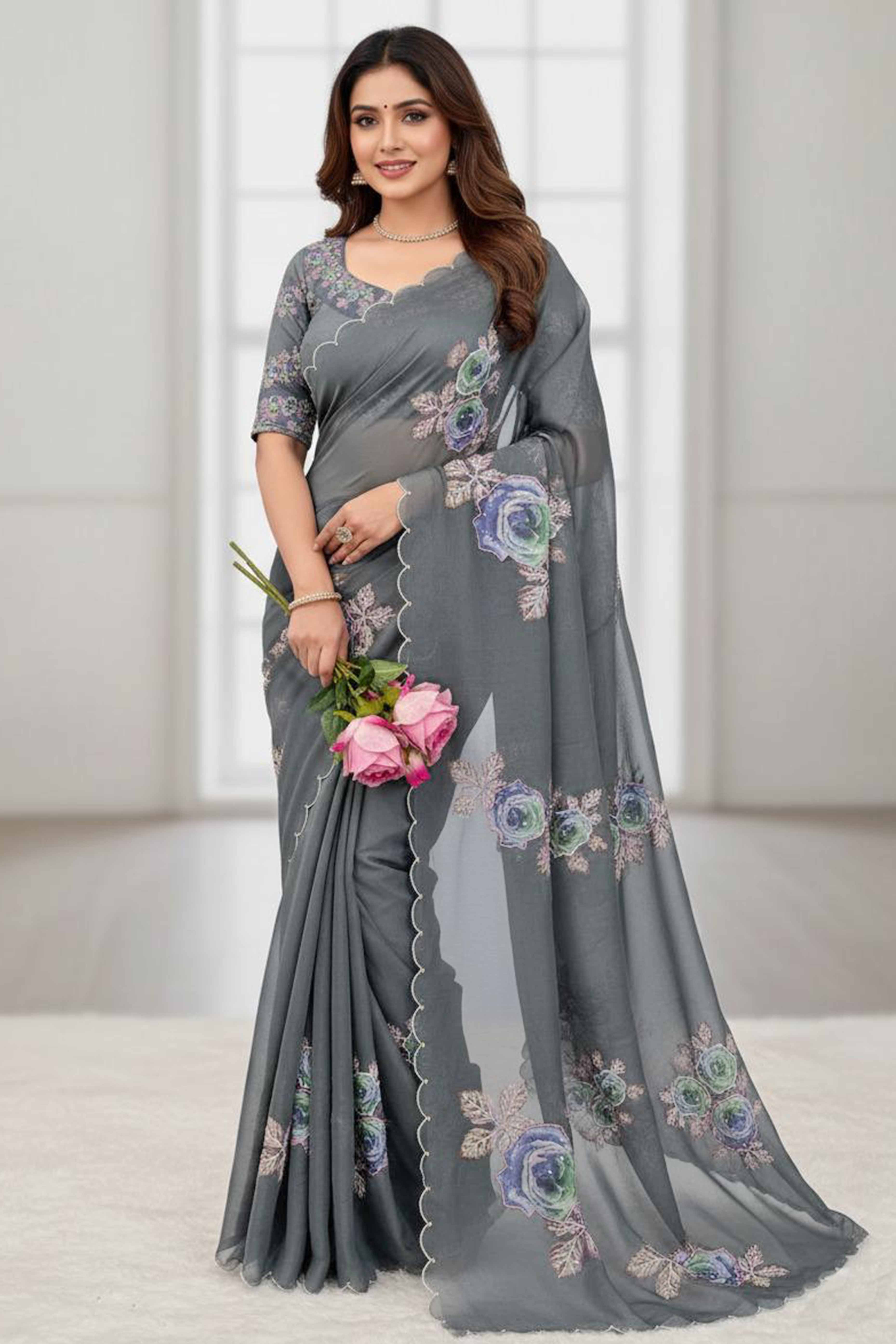 Festive Grey Floral Printed Tabby Organza Saree with Elegant Handwork Embroidery