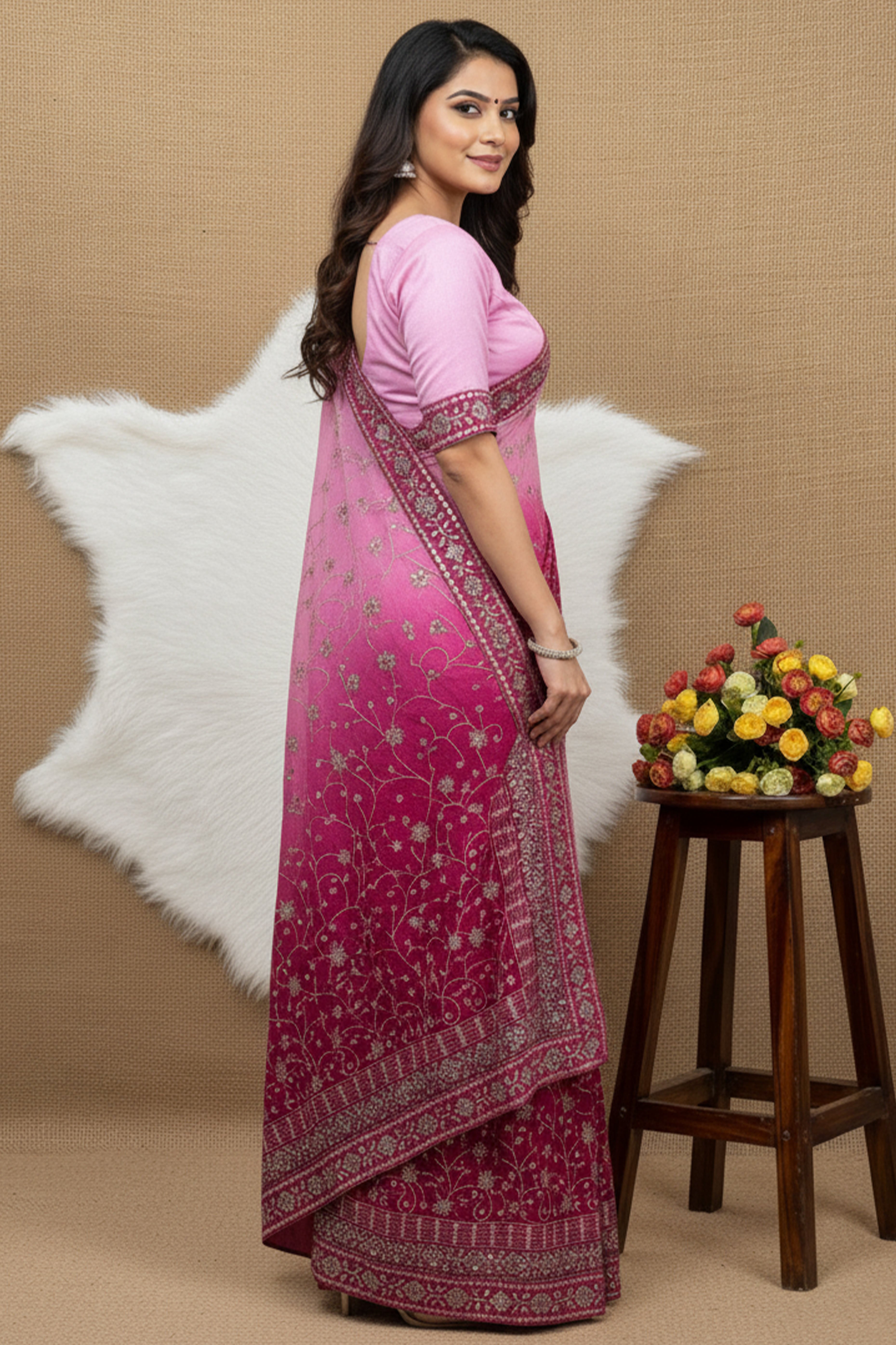 Beautiful Pink Partywear Saree Crafted in Georgette with Sequins and Thread Work