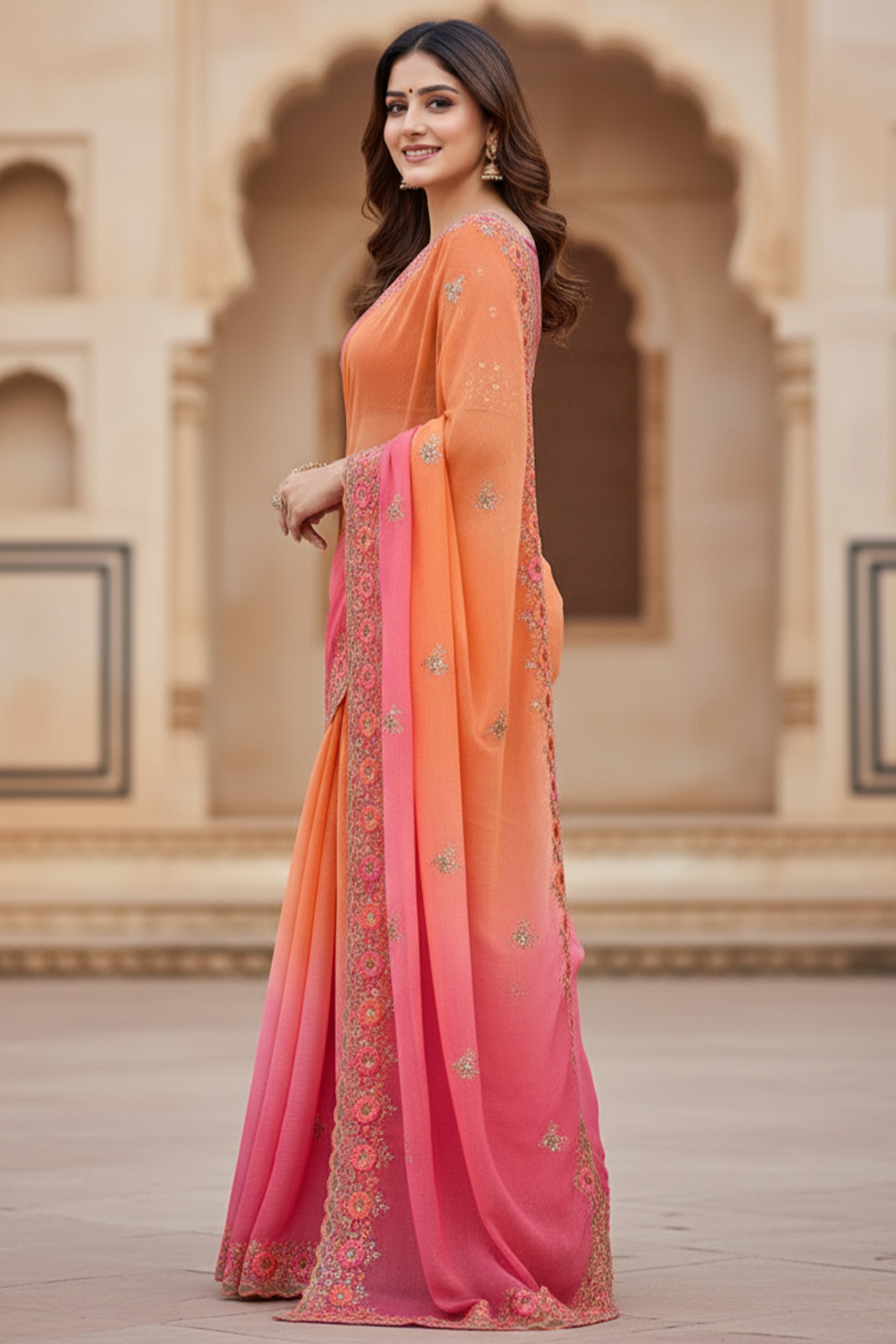 Radiant Orange Crunchy Ombre Saree Adorned with Floral Thread Embroidery & Sequins Work