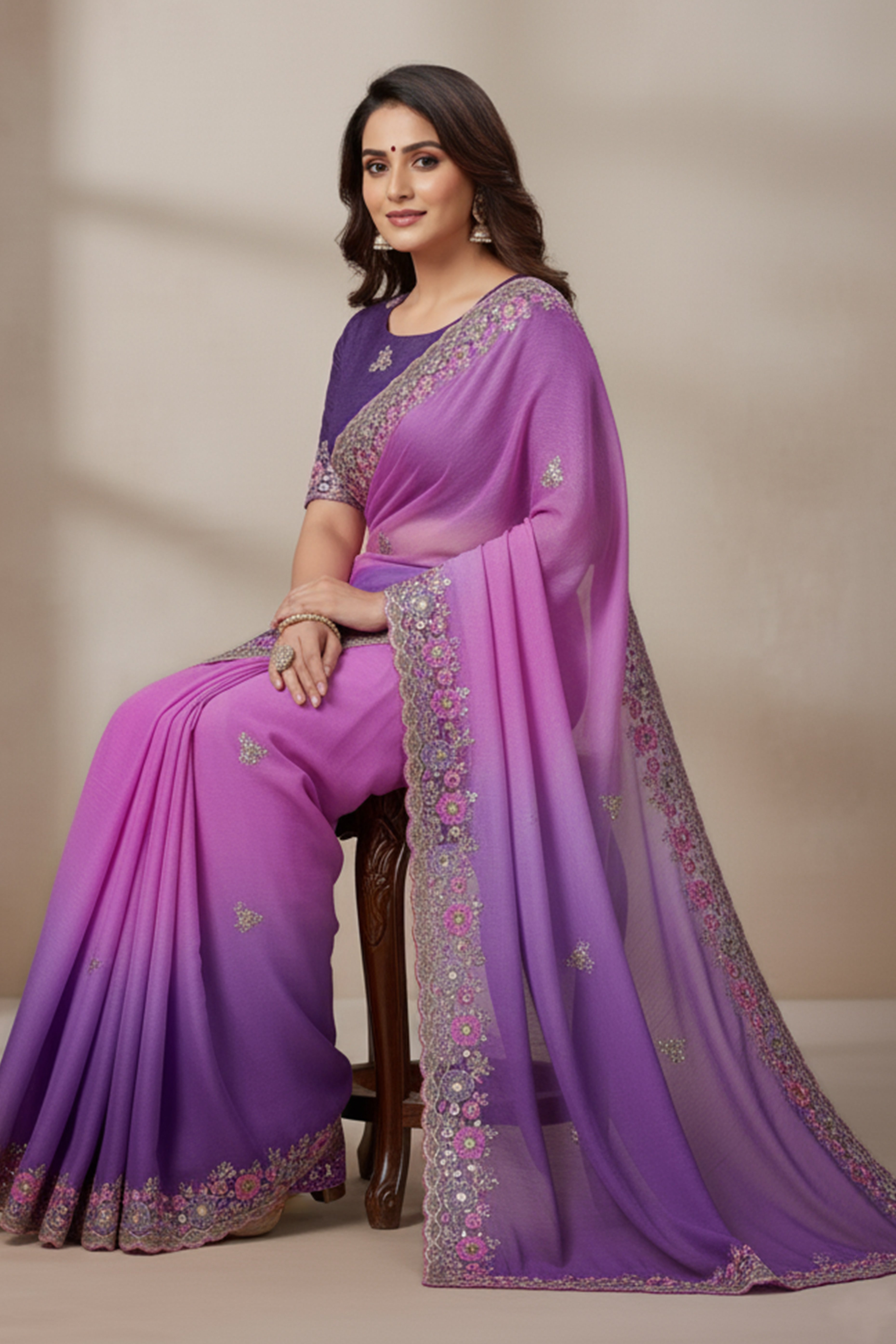 Radiant Purple Crunchy Ombre Saree Adorned with Floral Thread Embroidery & Sequins Work
