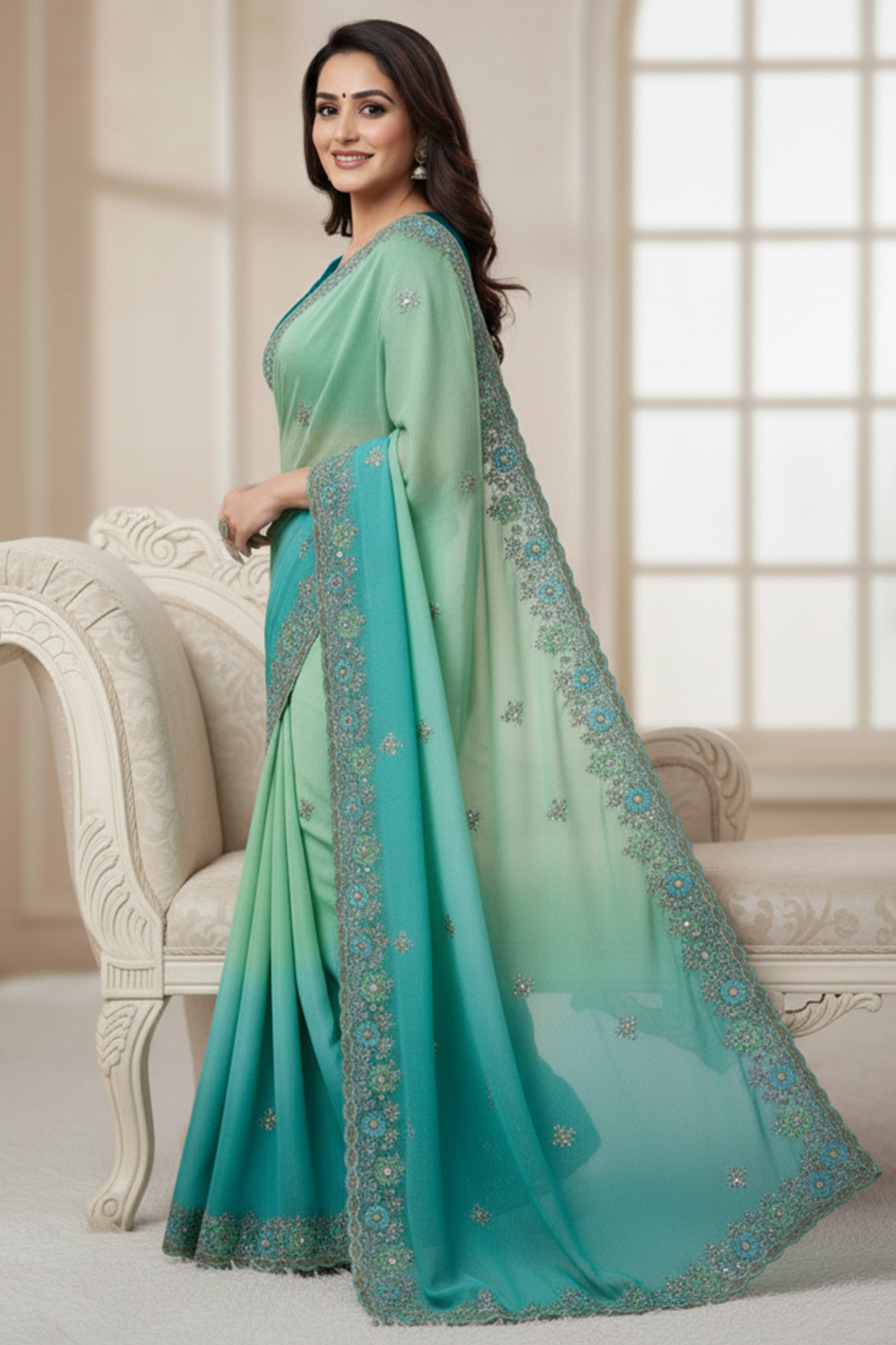 Radiant Teal Green Crunchy Ombre Saree Adorned with Floral Thread Embroidery & Sequins Work