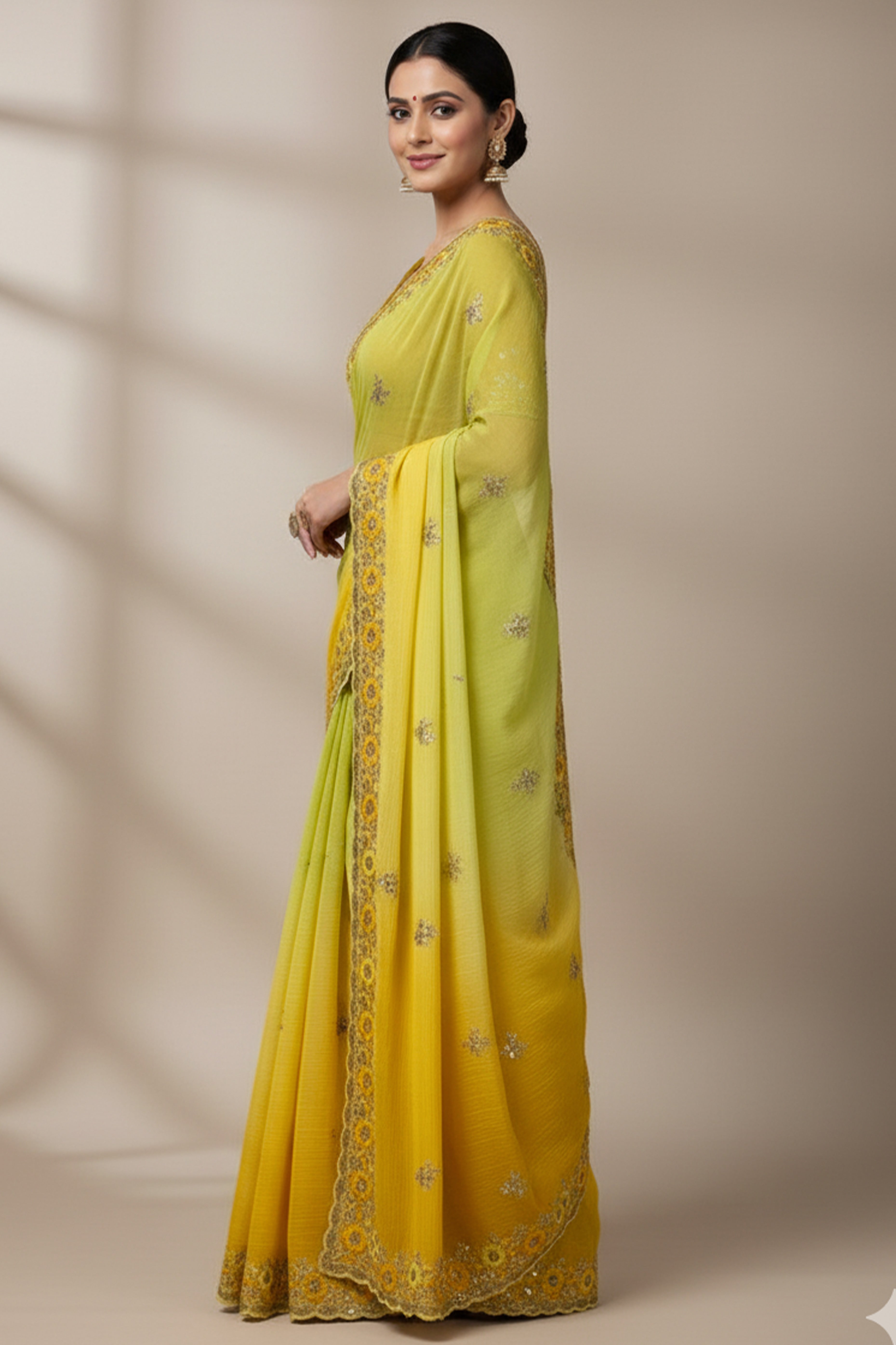 Radiant Yellow Crunchy Ombre Saree Adorned with Floral Thread Embroidery & Sequins Work