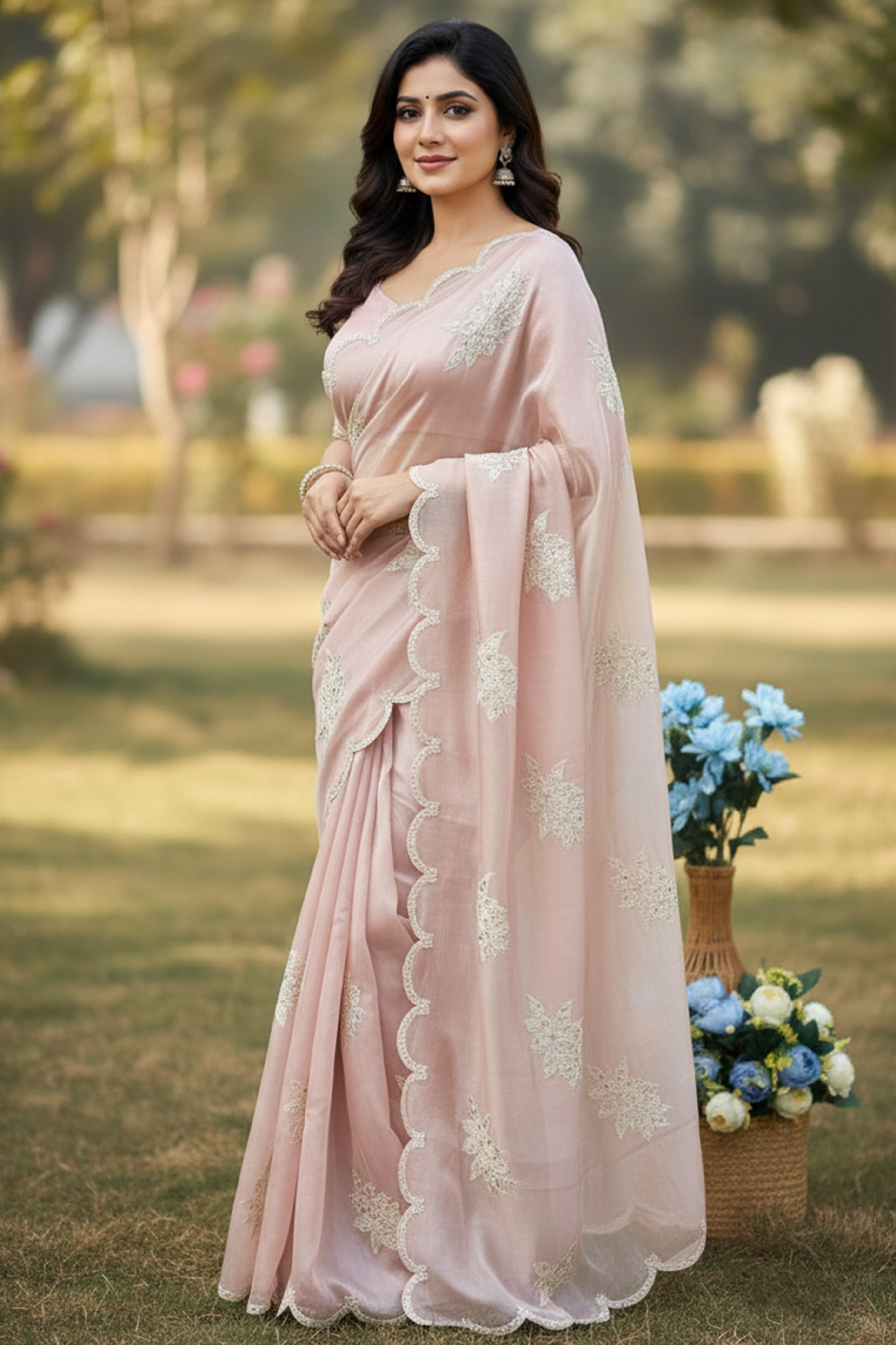 Captivating Pink Floral Thread Embroidered Jimmy Choo Satin Saree With Gleaming Sequins Work