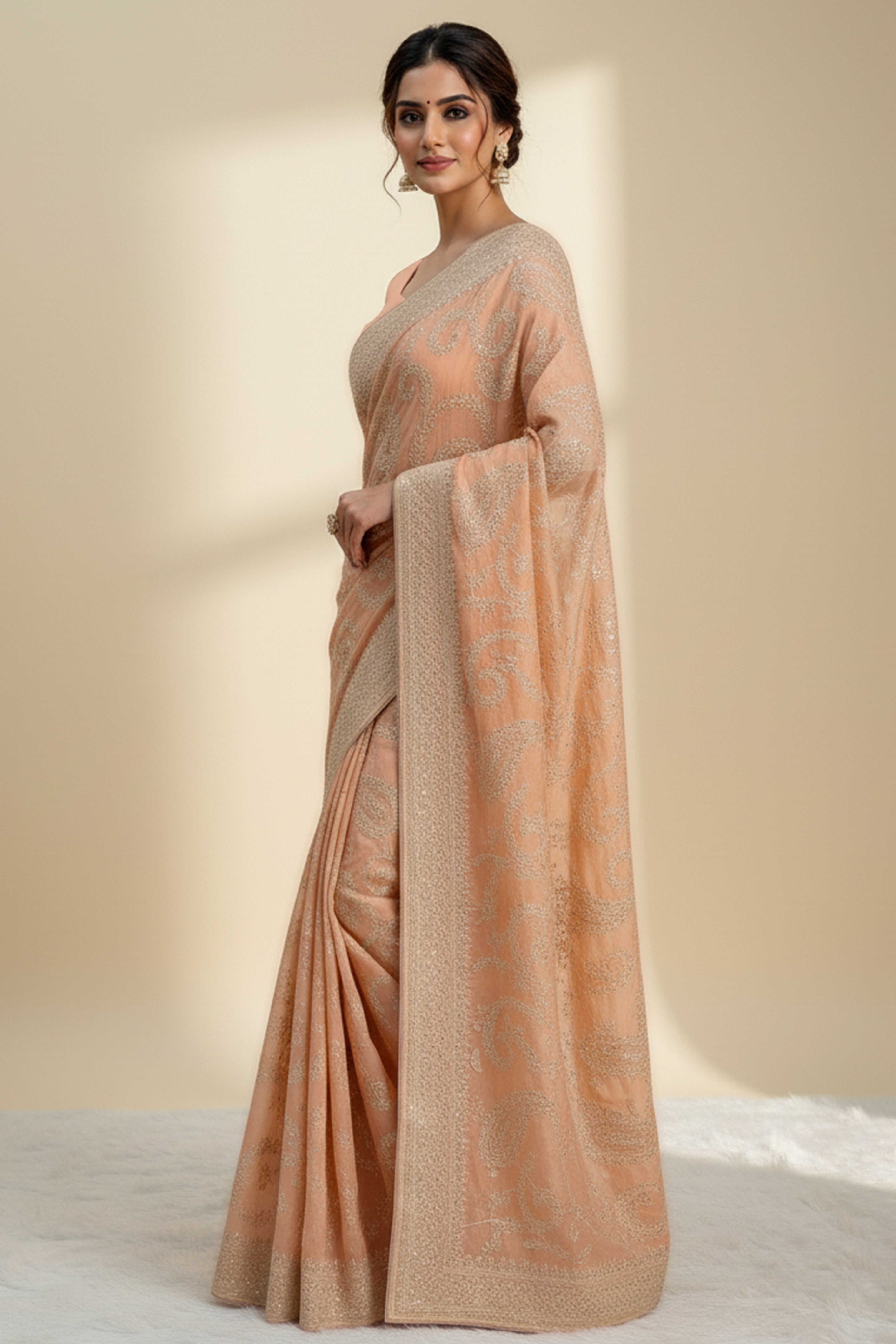 Lustrous Light Orange Organza Silk Saree Beautified With Paisley Embroidery & Glittering Sequins