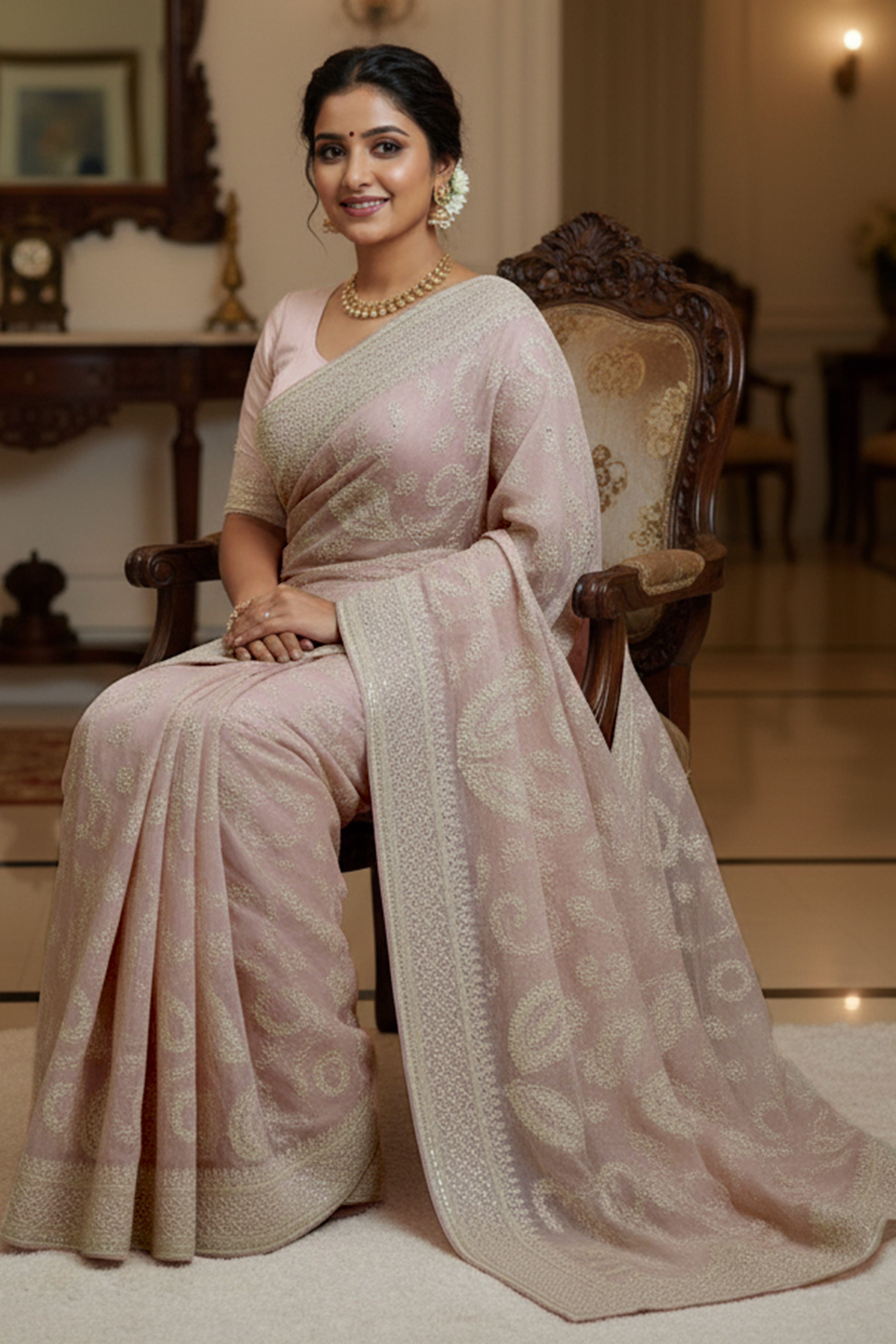 Lustrous Pink Organza Silk Saree Beautified With Paisley Embroidery & Glittering Sequins Work