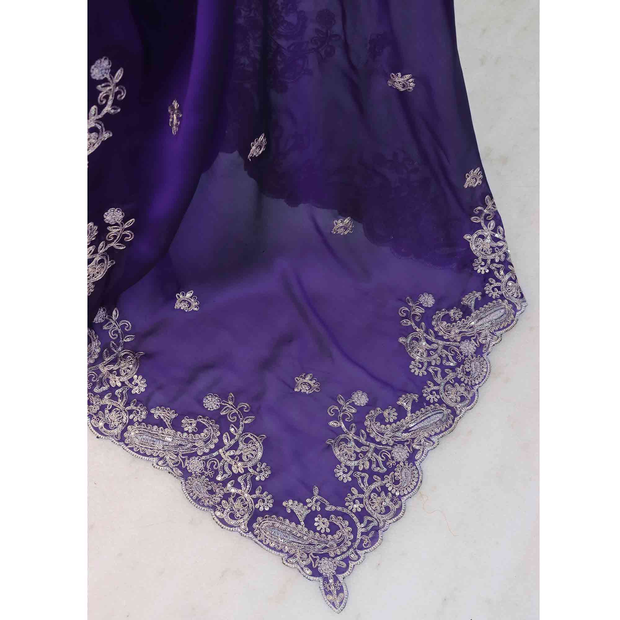 Violet Silk-Blend Saree Featuring Delicate Embroidery and Shimmering Sequins Work